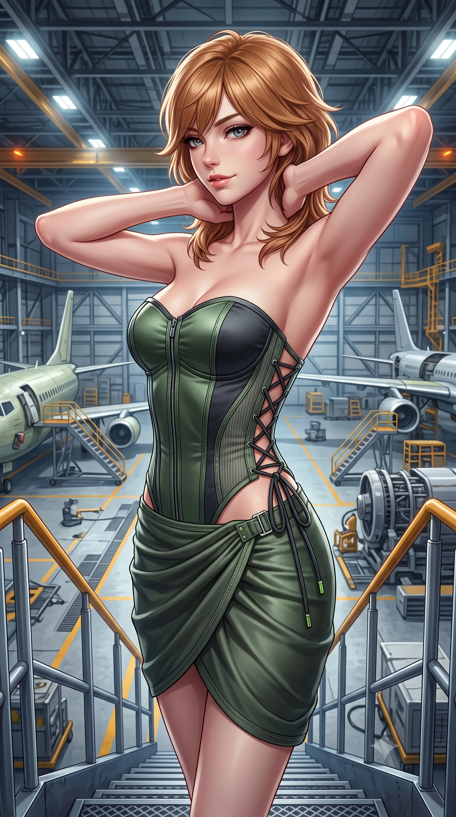score_9, masterpiece, best quality, ultra-detailed, high-budget anime keyframe, semi-realistic 3D game render, editorial fashion photography, tasteful artistic composition, Korean woman. close-up cowboy shot from the waist and thighs up, the character dominates the composition, filling the frame with her large presence. resting both hands lightly behind her neck with elbows raised, arching her spine to highlight her narrow waist, flat midriff, and breathtaking collarbones while standing poised on the mobile maintenance gantry stairs, looking back over a bare shoulder toward the vast hangar floor. The surrounding environment is rendered in vivid detail and crisp panoramic clarity: detailed high-cut tactical bodysuit tailoring, chrome buckle shine, and aerospace hangar engineering in high resolution. She has an exceptionally elegant, slender, and willowy female figure with an ultra-slim waist, flat toned midriff, narrow ribcage, and sculpted feminine hips creating an alluring, slim hourglass silhouette without bulk. sharp v-shaped jawline, high-bridge nose, sparkling eyes with hypnotic seductive depth, thick curled eyelashes, glossy parted lips with a natural dewy peach sheen, alluring bedroom-eyes with an enchanting coquettish smile, exuding magnetic siren charisma and sophisticated glamour, flawlessly proportioned anatomical accuracy, strict slender model proportions, natural body alignment, perfectly sculpted long slender limbs, ultra-slim waistline, clean dynamic posture without body distortion. wearing a strapless boned satin corset bodice paired with a draped tulip ballet wrap skirt framing her hourglass curves in stealth night-vision green and carbon charcoal with neon accents, tailored from fine ribbed modal knit with gentle elastic contouring and soft hand-feel, finished with fine criss-cross lace-up side ties revealing tantalizing glimpses of her hip curve, the precision-cut side openings and low-back scoop framing her graceful spine and the sensual sweep of her slim, toned hips. bathed in high-altitude aerospace hangar floodlights mixed with amber safety strobe accents. highly saturated vibrant anime colors, detailed shading with soft gradients, rich glossy textures, high-contrast stereoscopic depth, volumetric dynamic lighting, master piece, 9:16 ratio