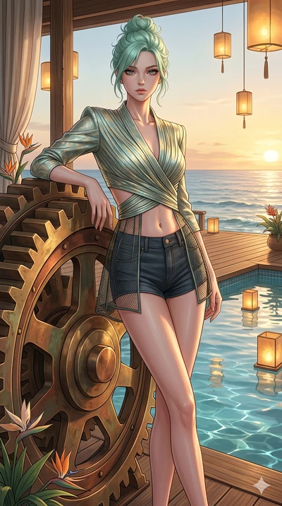 score_9, masterpiece, best quality, ultra-detailed, high-budget anime keyframe, editorial fashion photography, tasteful artistic composition, Japanese woman. cowboy shot from the thighs up, character and outfit filling the frame for maximum editorial