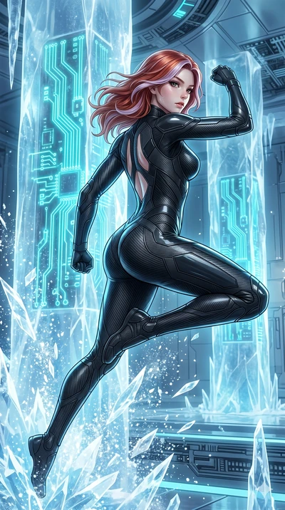 score_9, masterpiece, best quality, ultra-detailed, high-budget anime keyframe, Caucasian woman, strictly human ears. upper body close-up from the thighs up, character filling the screen for maximum presence. leaping inside a sub-zero cybernetic ice 