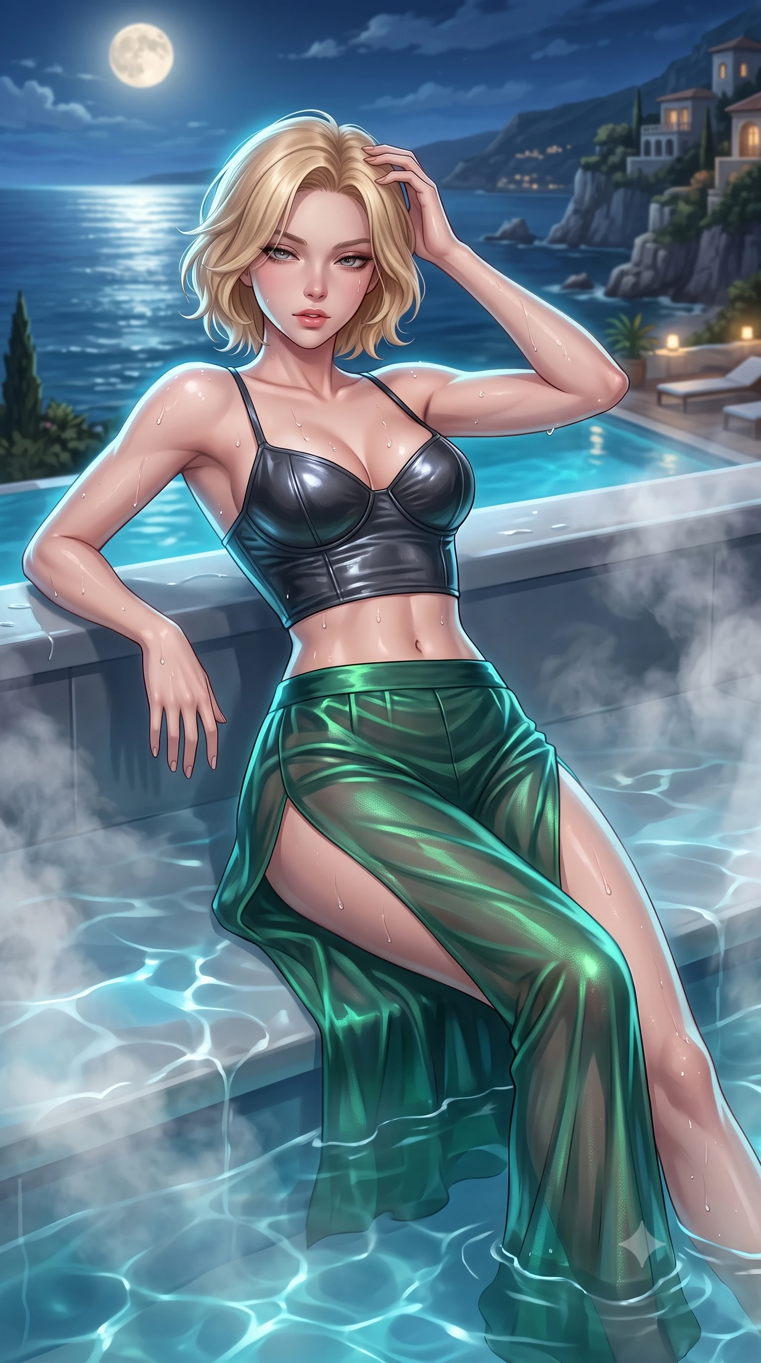 score_9, masterpiece, best quality, ultra-detailed, high-budget anime keyframe, semi-realistic 3D game render, editorial fashion photography, tasteful artistic composition, Caucasian woman. close-up cowboy shot from the waist and thighs up, the character dominates the composition, filling the frame with her large presence. leaning back against the steaming jacuzzi edge with relaxed seductive grace, head tilted back slightly while casting a hypnotic, heavy-lidded gaze while lounging on the submerged pool tanning shelf propped on one elbow, her flat midriff and long slender limbs commanding the moonlit coastal vista. The surrounding environment is rendered in vivid detail and crisp panoramic clarity: detailed wet fabric weave, glistening water drops on skin, and cliffside architecture in high resolution. She has an exceptionally elegant, slender, and willowy female figure with an ultra-slim waist, flat toned midriff, narrow ribcage, and sculpted feminine hips creating an alluring, slim hourglass silhouette without bulk. sharp v-shaped jawline, high-bridge nose, sparkling eyes with hypnotic seductive depth, thick curled eyelashes, glossy parted lips with a natural dewy peach sheen, alluring bedroom-eyes with an enchanting coquettish smile, exuding magnetic siren charisma and sophisticated high-fashion glamour, flawlessly proportioned anatomical accuracy, strict slender model proportions, natural body alignment, perfectly sculpted long slender limbs, ultra-slim waistline, clean dynamic posture without body distortion. wearing a wet-look form-fitting vinyl bustier paired with sheer chiffon high-slit wide-leg trousers in iridescent emerald satin and dark charcoal velvet, woven from buttery-soft stretch lambskin leather adhering to her body like a second skin, finished with glistening drops of pool water beading across her sculpted shoulders and collarbones, the glove-like clinging cut tightly following the natural contour of her hips and long slender legs with youthful 8.5-heads elegance. illuminated by aquatic caustic bounce and sharp platinum-cyan rim lights sculpting her jawline, narrow waist, and curvy hips. highly saturated vibrant anime colors, detailed shading with soft gradients, rich glossy textures, high-contrast stereoscopic depth, volumetric dynamic lighting, master piece, 9:16 ratio