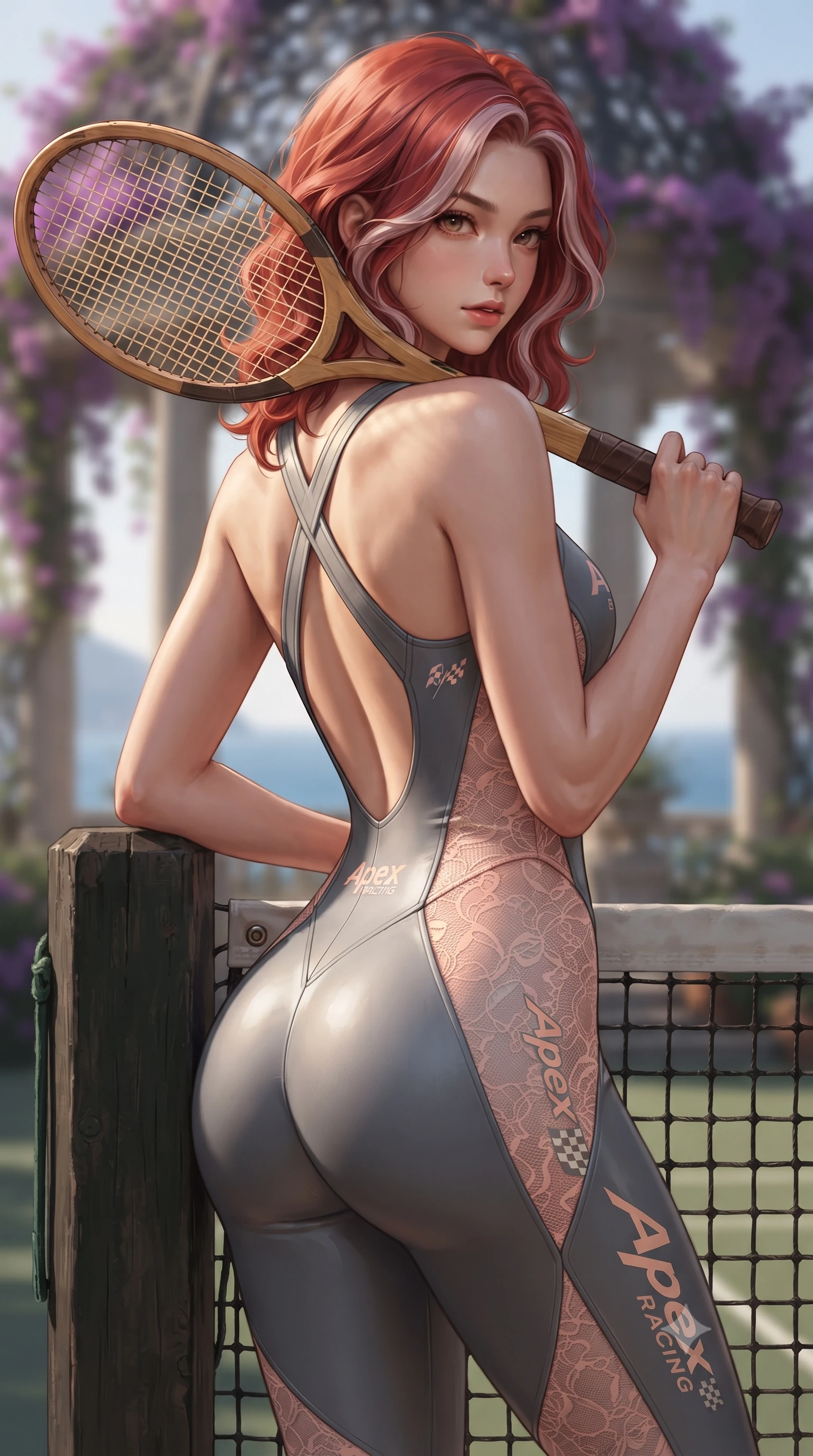 score_9, masterpiece, best quality, ultra-detailed, high-budget anime keyframe, editorial fashion photography, tasteful artistic composition, Caucasian woman. close-up cowboy shot from the waist and thighs up, the character dominates the composition, filling the frame with her large presence. posing in an alluring rear three-quarter angle, turning over a bare shoulder with an intoxicating gaze, her hips cocked back to highlight her slim hourglass curve against the paddock lights while leaning against the tennis net post with a wooden racket resting on her shoulder, arching her spine with athletic supermodel grace overlooking the Mediterranean. The background shows a soft-focus wrought-iron club pavilions draped in purple bougainvillea softened in prestigious country club shallow focus. She has an exceptionally elegant, slender, and willowy female figure with an ultra-slim waist, flat toned midriff, narrow ribcage, and sculpted feminine hips creating an alluring, slim hourglass silhouette without bulk. sharp v-shaped jawline, high-bridge nose, sparkling eyes with athletic focus and depth, thick curled eyelashes, glossy parted lips with a natural coral-peach sheen, bright confident and coquettish smile with alluring bedroom-eyes, exuding both youthful sporty vigor and sovereign high-society glamour, flawlessly proportioned anatomical accuracy, strict slender model proportions, natural body alignment, perfectly sculpted long slender limbs, ultra-slim waistline, clean dynamic posture without body distortion. wearing a second-skin compression stretch racing catsuit with racing team sponsor graphics and sculpted carbon hip guards in pastel peach blossom and matte carbon grey, crafted from sheer delicate stretch lace reinforced with technical sport threads, finished with criss-cross back athletic straps highlighting her graceful shoulder blades, the form-fitting tailored bodice adhering flawlessly to her sculpted flat midriff and slender torso, emphasizing her long leg lines and perfectly proportioned willowy build. illuminated by clay bounce warmth and sharp amber rim lighting defining her sculpted collarbones, ultra-slim waist, and curvy hips. ultra-reflective glossy finish, specular highlights, rich textural contrasts, high-contrast stereoscopic depth, volumetric dynamic lighting, 2k, ultra detail, master piece, 9:16 ratio