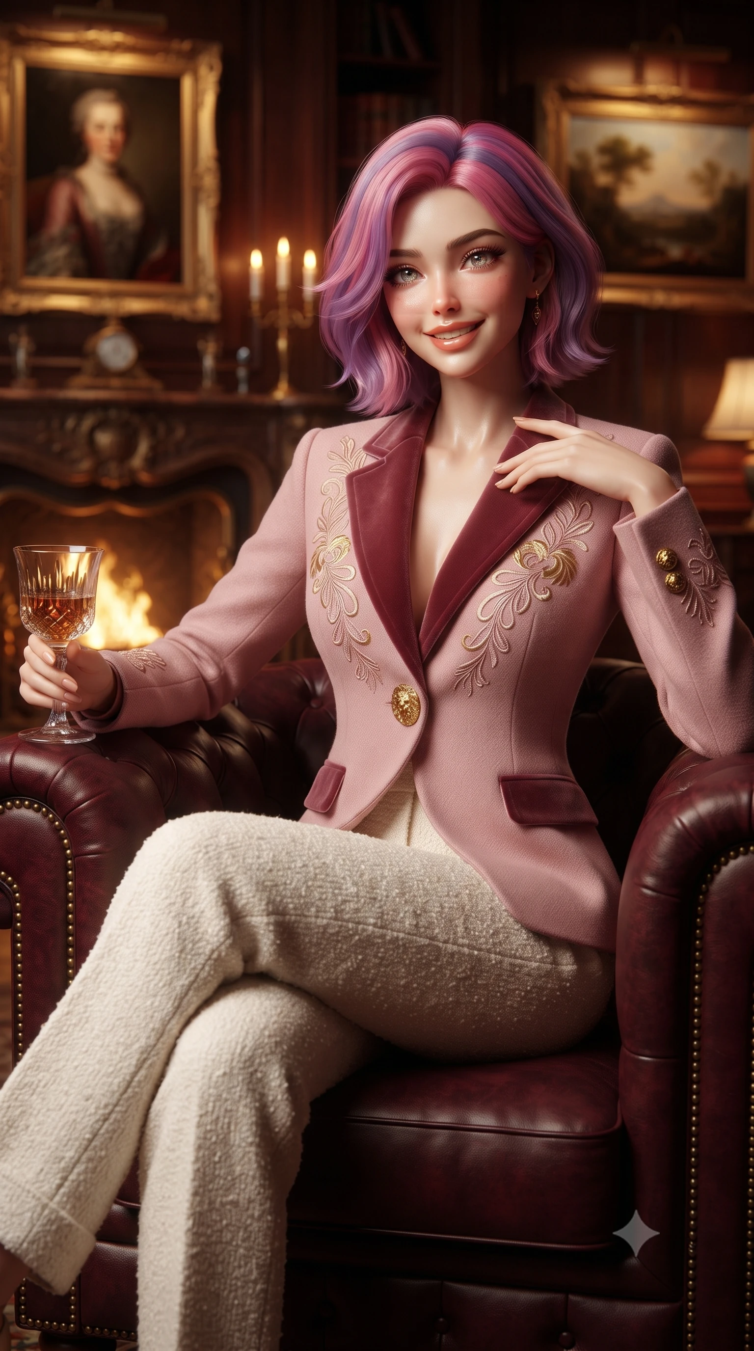 score_9, masterpiece, best quality, ultra-detailed, high-budget anime keyframe, editorial fashion photography, tasteful artistic composition, Caucasian woman. close-up cowboy shot from the waist and thighs up, the character dominates the composition, filling the frame with her large presence. resting one hand gracefully on her tailored blazer lapel while looking into the camera with bright, sparkling eyes while relaxing comfortably in a deep tufted burgundy Chesterfield armchair with legs crossed, holding a crystal glass with a knowing smile. The background shows a soft-focus flickering golden firelight from ornate hearth, oil paintings in gilded rococo frames, and rich wood wall paneling blurred into mahogany, crimson, and gold bokeh. She has an exceptionally elegant, slender, and willowy female figure with an ultra-slim waist, flat toned midriff, narrow ribcage, and sculpted feminine hips creating an alluring, slim hourglass silhouette without bulk. sharp v-shaped jawline, high-bridge nose, intricate jewel-like sparkling eyes with depth, thick eyelashes, glossy parted lips with a natural peach sheen, bright cheerful beaming smile with an enchanting and coquettish sensual glint, exuding both youthful cute charm and seductive allure, flawlessly proportioned anatomical accuracy, strict slender model proportions, natural body alignment, perfectly sculpted long slender limbs, ultra-slim waistline, clean dynamic posture without body distortion. wearing a retro Art Deco embroidered wool blazer with velvet lapels paired with high-waisted pressed trousers in Parisian pastel rose bouclé and cream pearl, crafted from ultra-soft Mongolian cashmere with exquisite insulating warmth and tactile softness, accented with an ornate 24k gold lion-embossed crest button along the front closure, the streamlined silhouette following her natural slender proportions with sophisticated poise, enhancing her tall willowy presence. illuminated by dark wood paneling reflection bounce and warm amber rim lights sculpting her cheekbones, waistline, and slender posture. ultra-reflective glossy finish, specular highlights, rich textural contrasts, high-contrast stereoscopic depth, volumetric dynamic lighting, 2k, ultra detail, master piece, 9:16 ratio