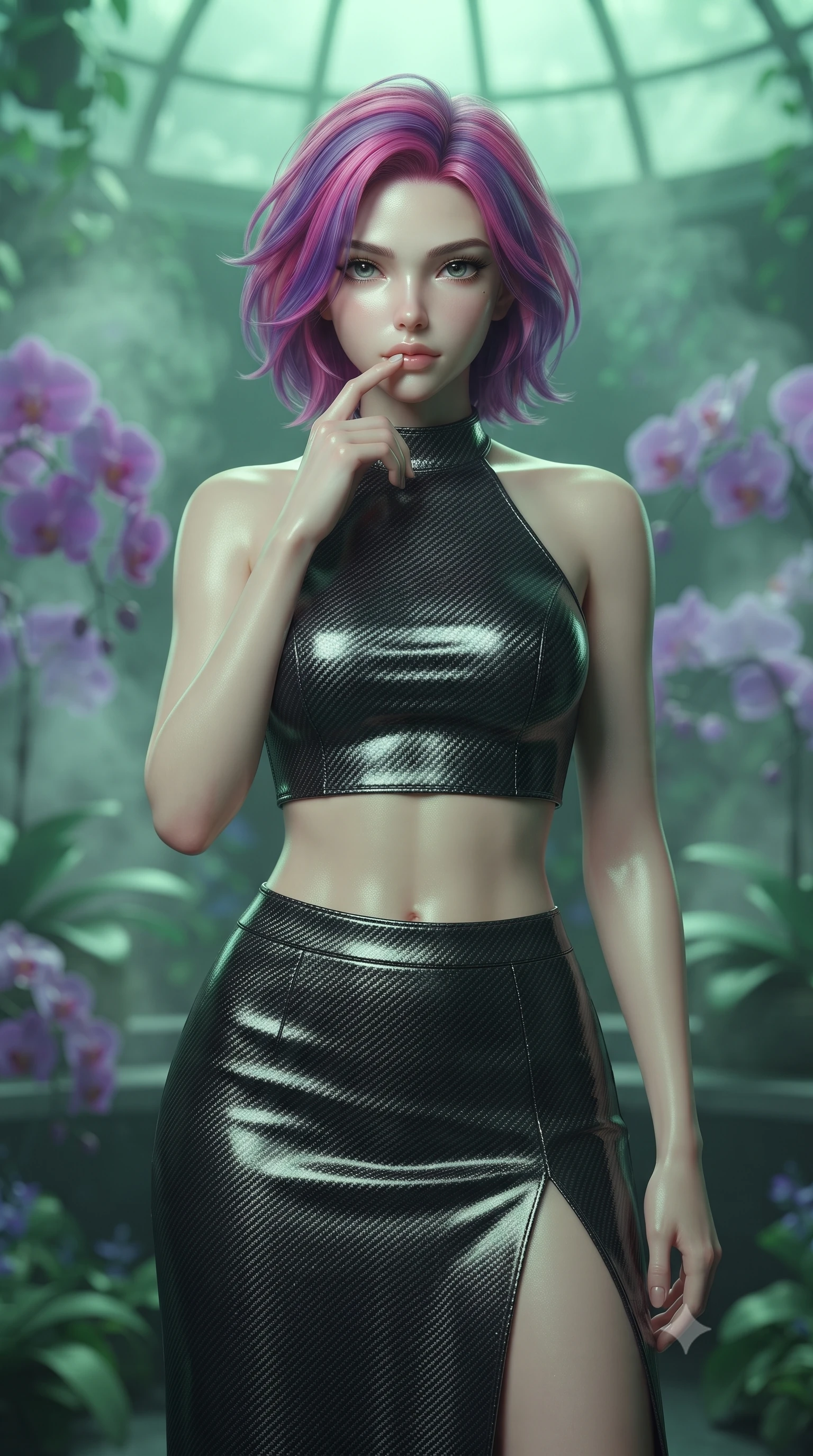 score_9, masterpiece, best quality, ultra-detailed, high-budget anime keyframe, editorial fashion photography, tasteful artistic composition, Caucasian woman. close-up cowboy shot from the waist and thighs up, the character dominates the composition, filling the frame with her large presence, background elements kept in soft focus. pressing one finger to her bottom lip in a thoughtful, composed gesture, locking eyes with the viewer, the background shows a soft-focus a botanical sanctuary dome filled with bio-engineered purple orchids and steam. She has an exceptionally elegant, slender, and willowy female figure with an ultra-slim waist, a gracefully sculpted slender torso, and a refined silhouette. sharp v-shaped jawline, high-bridge nose, intricate jewel-like eyes with depth, thick eyelashes, glossy lips with a natural sheen. wearing a tailored carbon-fiber halter-neck crop top paired with a matching high-slit midi skirt, revealing her slim waist. soft green and indigo bioluminescent plant lighting casting a serene ambient glow. ultra-reflective glossy finish, specular highlights, metallic sheen, high-contrast stereoscopic depth, volumetric dynamic lighting, 2k, ultra detail, master piece, 9:16 ratio