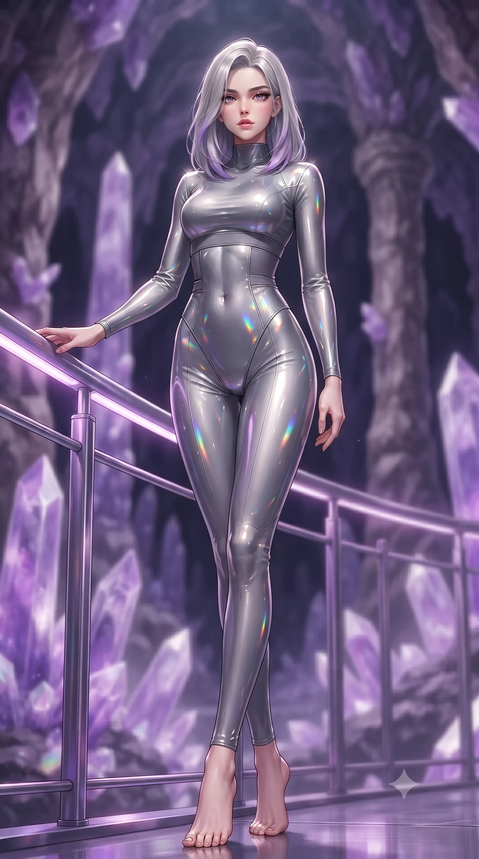 score_9, masterpiece, best quality, ultra-detailed, high-budget anime keyframe, editorial fashion photography, tasteful artistic composition, Caucasian woman. low angle full-body shot from head to toe showing her feet, filling the entire 9:16 vertical frame with her statuesque presence, stretching her vertical silhouette. standing in a tall, confident posture with one hand on a glowing metal railing, stretching her statuesque body, the background shows a soft-focus an amethyst geode cavern with towering purple crystal spires and rock columns. She has an absolutely perfect, statuesque 8.5-heads proportion, an exceptionally tall and slender model-like female figure with impossibly long slender legs and an ultra-slim waist. sharp v-shaped jawline, high-bridge nose, intricate jewel-like eyes with depth, thick eyelashes, glossy lips with a natural sheen. wearing a body-hugging body-hugging titanium-sheen mock-neck bodysuit, featuring elastic compression panels at the waist. soft internal purple crystal glow refracting into delicate rainbow prisms. ultra-reflective glossy finish, specular highlights, metallic sheen, high-contrast stereoscopic depth, volumetric dynamic lighting, 2k, ultra detail, master piece, 9:16 ratio