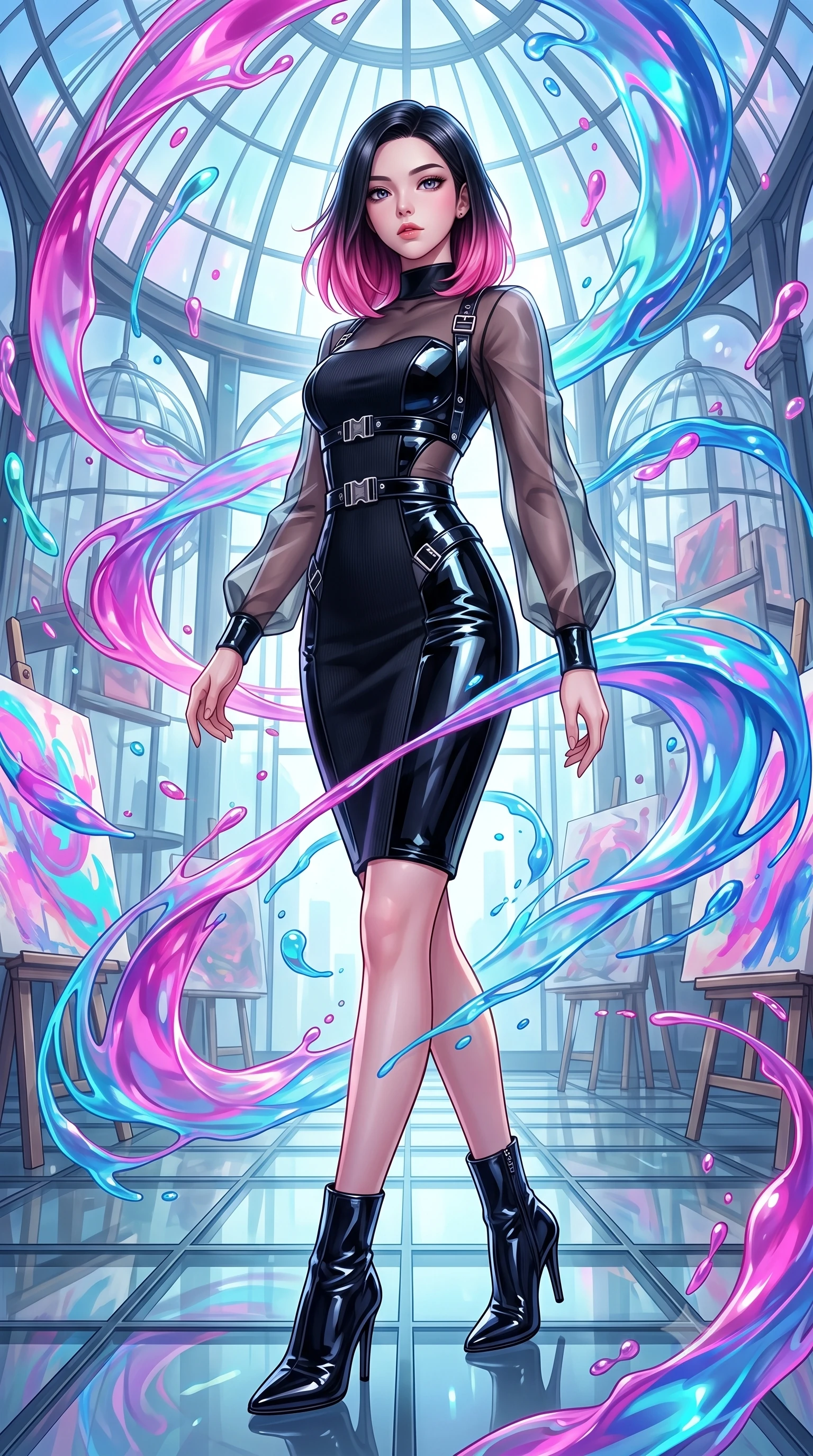 score_9, masterpiece, best quality, ultra-detailed, high-budget anime keyframe, editorial fashion photography, tasteful artistic composition, Korean woman. low angle full-body shot from head to toe showing her feet, filling the entire 9:16 vertical frame with her statuesque presence, stretching her vertical silhouette. navigating the luminous space with effortless poise, displaying her perfect model proportions standing inside a glass-domed art atelier filled with floating liquid paint swirls, translucent liquid acrylic trails creating dynamic motion paths. She has an absolutely perfect, statuesque 8.5-heads proportion, an exceptionally tall and slender model-like female figure with impossibly long slender legs and an ultra-slim waist. sharp v-shaped jawline, high-bridge nose, intricate jewel-like eyes with depth, thick eyelashes, glossy lips with a natural sheen. wearing a sleek bodycon knit dress with sheer organza sleeve panels in matte black and polished silver, tailored from high-gloss patent leather, detailed with polished silver buckles along the waistline, the elegant draped fit framing her graceful clavicle and slender torso. surrounded by a radiant glow of magenta and aqua fluid highlights. highly saturated vibrant anime colors, detailed shading with soft gradients, rich glossy textures, high-contrast stereoscopic depth, volumetric dynamic lighting, master piece, 9:16 ratio