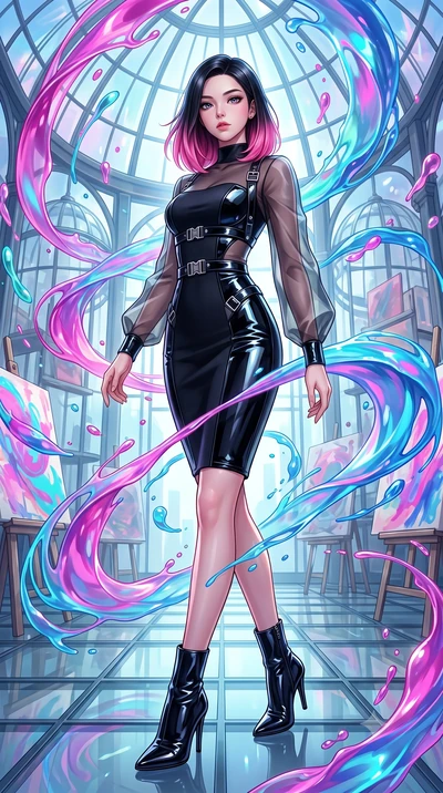 score_9, masterpiece, best quality, ultra-detailed, high-budget anime keyframe, editorial fashion photography, tasteful artistic composition, Korean woman. low angle full-body shot from head to toe showing her feet, filling the entire 9:16 vertical f