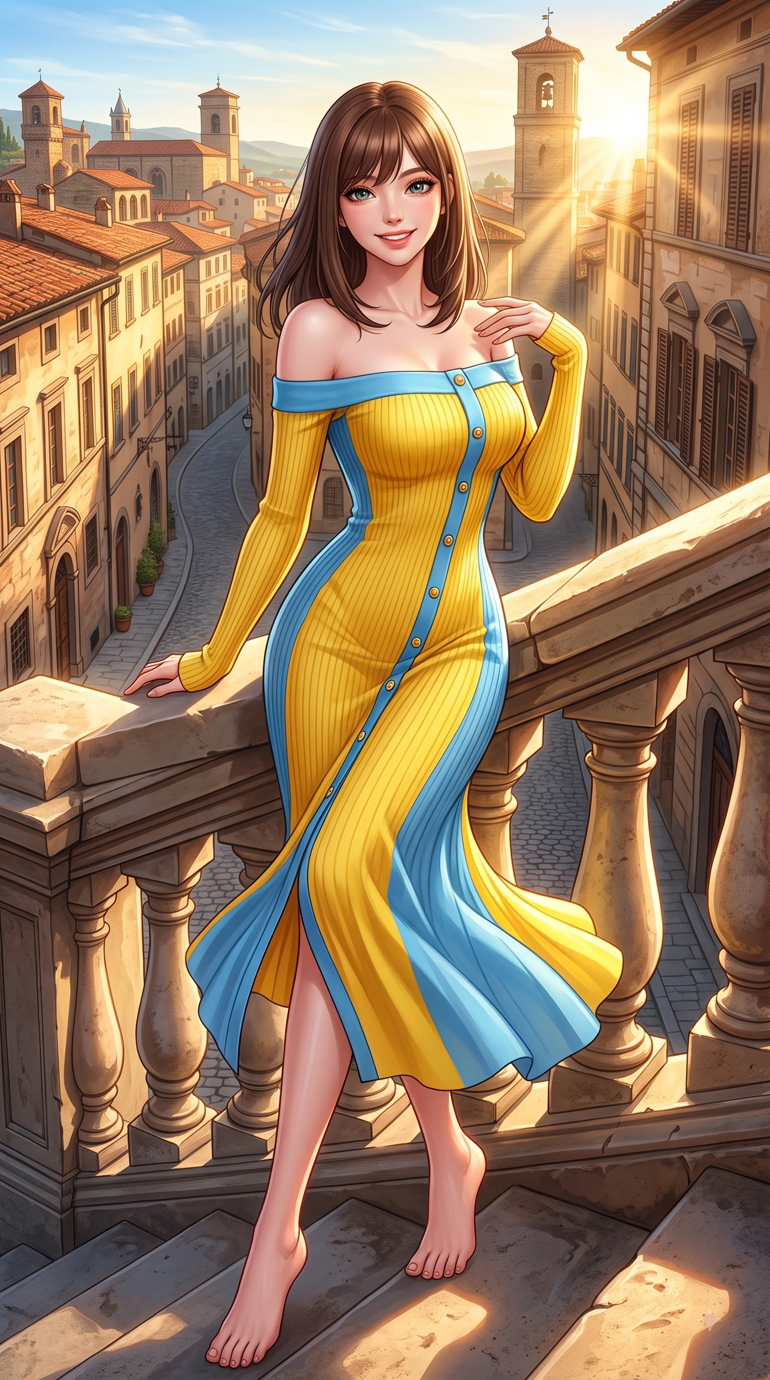 score_9, masterpiece, best quality, ultra-detailed, high-budget anime keyframe, editorial fashion photography, tasteful artistic composition, Korean woman. low angle full-body shot from head to toe showing her feet, filling the entire 9:16 vertical frame with her statuesque presence, stretching her vertical silhouette. pivoting dynamically with a fresh infectious smile, her ultra-slim waist creating a sweeping fluid curve while leaning against a sunlit stone balustrade overlooking a picturesque old town view. The surrounding environment is rendered in vivid detail and crisp panoramic clarity. rich golden sunlight streaming between European buildings rendered with environmental precision. She has an absolutely perfect, statuesque 8.5-heads proportion, an exceptionally tall and slender model-like female figure with impossibly long slender legs and an ultra-slim waist. sharp v-shaped jawline, high-bridge nose, intricate jewel-like eyes with depth, thick eyelashes, glossy lips with a natural sheen, flawlessly proportioned anatomical accuracy, natural body alignment, perfectly sculpted elegant limbs, clean dynamic posture without body distortion. wearing a sleek off-shoulder ribbed knit dress accentuating her graceful collarbones and slender waist in sunny canary yellow and clear sky blue, crafted from lightweight fluid chiffon, adorned with delicate gold buttons along the front, the glove-like fit emphasizing her statuesque silhouette during motion. bathed in bright sunny morning light and warm golden sunbursts. highly saturated vibrant anime colors, detailed shading with soft gradients, rich glossy textures, high-contrast stereoscopic depth, volumetric dynamic lighting, master piece, 9:16 ratio