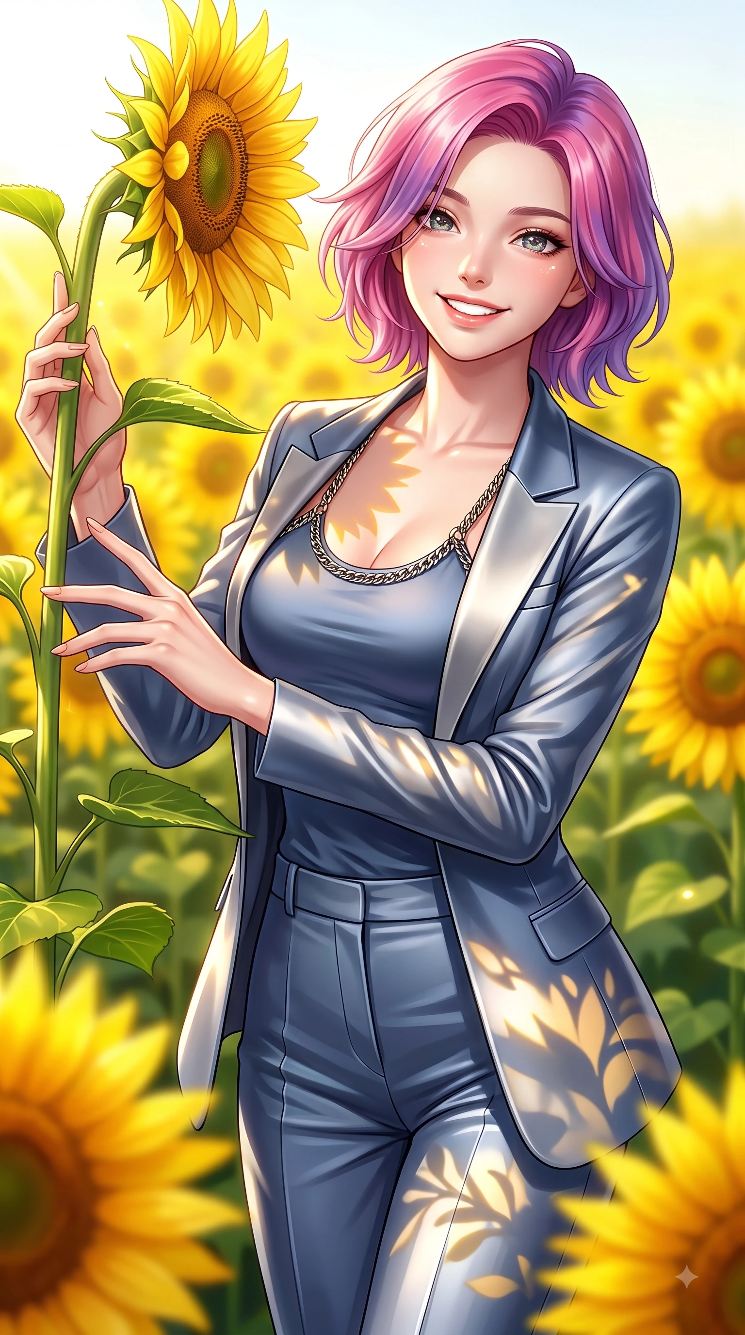 score_9, masterpiece, best quality, ultra-detailed, high-budget anime keyframe, editorial fashion photography, tasteful artistic composition, Caucasian woman. close-up cowboy shot from the waist and thighs up, the character dominates the composition, filling the frame with her large presence, background elements kept in soft focus. Radiant bright smile with sparkling eyes directed right into the lens, her torso turning in a dynamic S-curve alignment while reaching out to touch a towering sunflower stalk while beaming happily into the camera lens, bright green leaves and golden petals casting cheerful organic stencil shadows. She has an exceptionally elegant, slender, and willowy female figure with an ultra-slim waist, a gracefully sculpted slender torso, and a refined silhouette. sharp v-shaped jawline, high-bridge nose, intricate jewel-like eyes with depth, thick eyelashes, glossy lips with a natural sheen, flawlessly proportioned anatomical accuracy, natural body alignment, perfectly sculpted elegant limbs, clean dynamic posture without body distortion. wearing a tailored silk blazer over a form-contouring scoop-neck top and slacks in slate blue and metallic silver, crafted from smooth liquid silk, adorned with delicate metallic chain straps along the neckline, the glove-like fit emphasizing her statuesque silhouette during motion. surrounded by a vibrant, uplifting atmosphere filled with golden radiance. highly saturated vibrant anime colors, detailed shading with soft gradients, rich glossy textures, high-contrast stereoscopic depth, volumetric dynamic lighting, master piece, 9:16 ratio