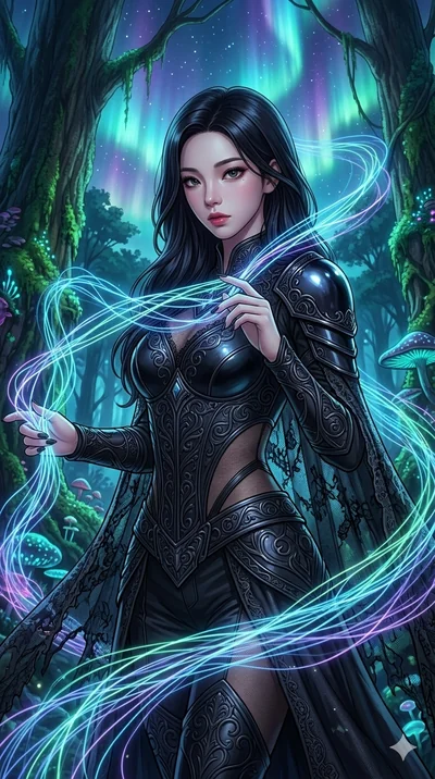 score_9, masterpiece, best quality, ultra-detailed, high-budget anime movie keyframe, cinematic anime lighting, intricate line art, Korean woman. Medium shot of upper body capturing the intricate details of her high-fashion attire. weaving threads of