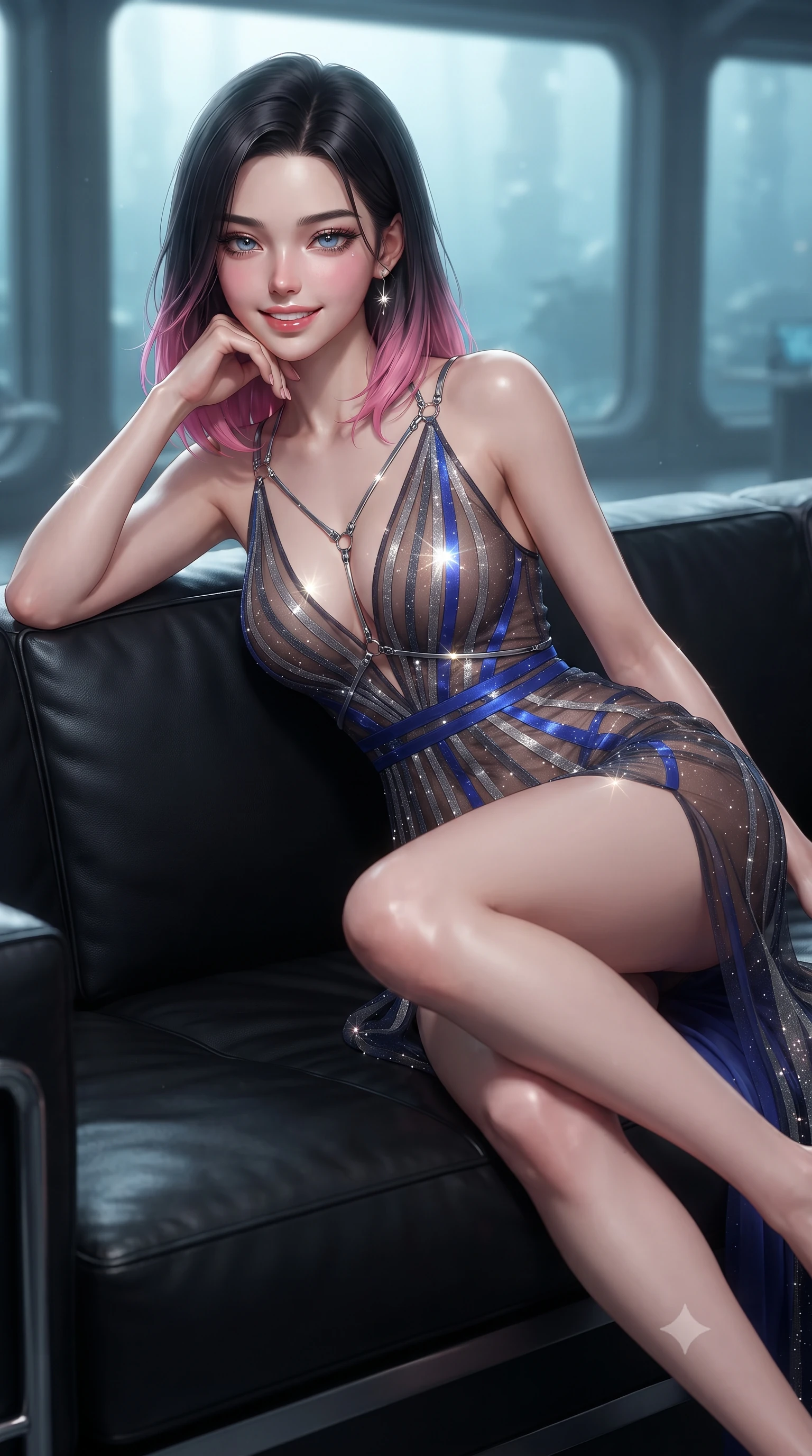 score_9, masterpiece, best quality, ultra-detailed, high-budget anime keyframe, editorial fashion photography, tasteful artistic composition, Korean woman. close-up cowboy shot from the waist and thighs up, the character dominates the composition, filling the frame with her large presence. resting one elbow on the table and supporting her chin, leaning close to the camera with heavy-lidded sparkling eyes and parted lips while lounging gracefully across the black leather observation couch propped on one elbow with legs extended, displaying her long slender limbs and statuesque hourglass silhouette against the alien ocean. The background shows a soft-focus condensing humidity mist softened in Europa abyssal research base shallow focus. She has an exceptionally elegant, slender, and willowy female figure with an ultra-slim waist, flat toned midriff, narrow ribcage, and sculpted feminine hips creating an alluring, slim hourglass silhouette without bulk. sharp v-shaped jawline, high-bridge nose, intricate jewel-like sparkling eyes with depth, thick eyelashes, glossy parted lips with a natural peach sheen, bright cheerful beaming smile with an enchanting and coquettish sensual glint, exuding both youthful cute charm and seductive allure, flawlessly proportioned anatomical accuracy, strict slender model proportions, natural body alignment, perfectly sculpted long slender limbs, ultra-slim waistline, clean dynamic posture without body distortion. wearing a plunge-front sheer illusion tulle combat slip dress with liquid platinum ribbon stripes hugging her curves in Jovian storm amber and electric cobalt, woven from stretch metallic lurex jersey casting radiant starlight glints across her curves, accented with a chrome-drop body harness subtly framing her dewy collarbones and spine, the form-contouring silhouette accentuating her sculpted flat midriff, narrow delicate ribcage, and gracefully curvy hips with intoxicating allure. illuminated by acrylic floor reflection bounce and sharp sapphire-cyan rim lights sculpting her razor-sharp jawline, narrow waist, and curvy hips. ultra-reflective glossy finish, specular highlights, rich textural contrasts, high-contrast stereoscopic depth, volumetric dynamic lighting, 2k, ultra detail, master piece, 9:16 ratio
