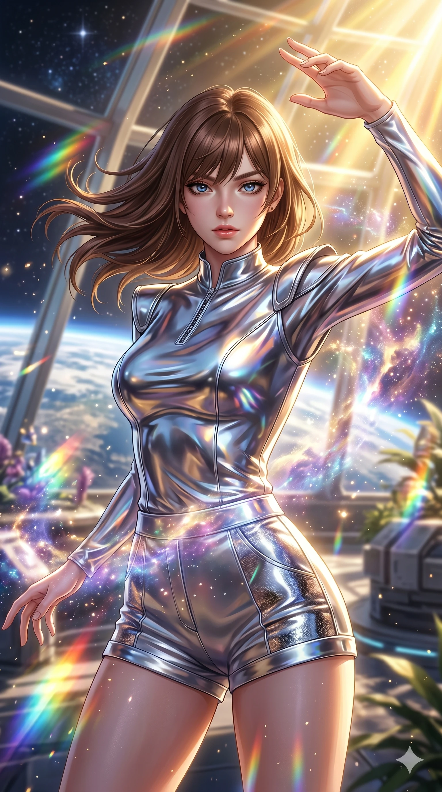 score_9, masterpiece, best quality, ultra-detailed, high-budget anime keyframe, semi-realistic 3D game render, Korean woman. Upper body close-up from the thighs up, character filling the screen for maximum presence. She is posing with dynamic energy as glowing cosmic stardust and floating nebulae swirl around her inside a sunlit orbital conservatory. She looks toward the camera with a captivating, intense gaze. She has an absolutely perfect 8-heads proportion, a tall and elegant figure with a refined silhouette and a defined waistline. V-shaped jawline, high-bridge nose, intricate jewel-like eyes with depth, thick eyelashes, glossy lips with a natural sheen. She is wearing a sleek tailored top in liquid-chrome finish that complements her silhouette, styled with sophisticated architectural shoulder accents and a modern zip collar. The scene is bathed in brilliant, high-contrast golden solar rays and refracting rainbow lens flares. 2k, ultra detail, master piece, 9:16 ratio