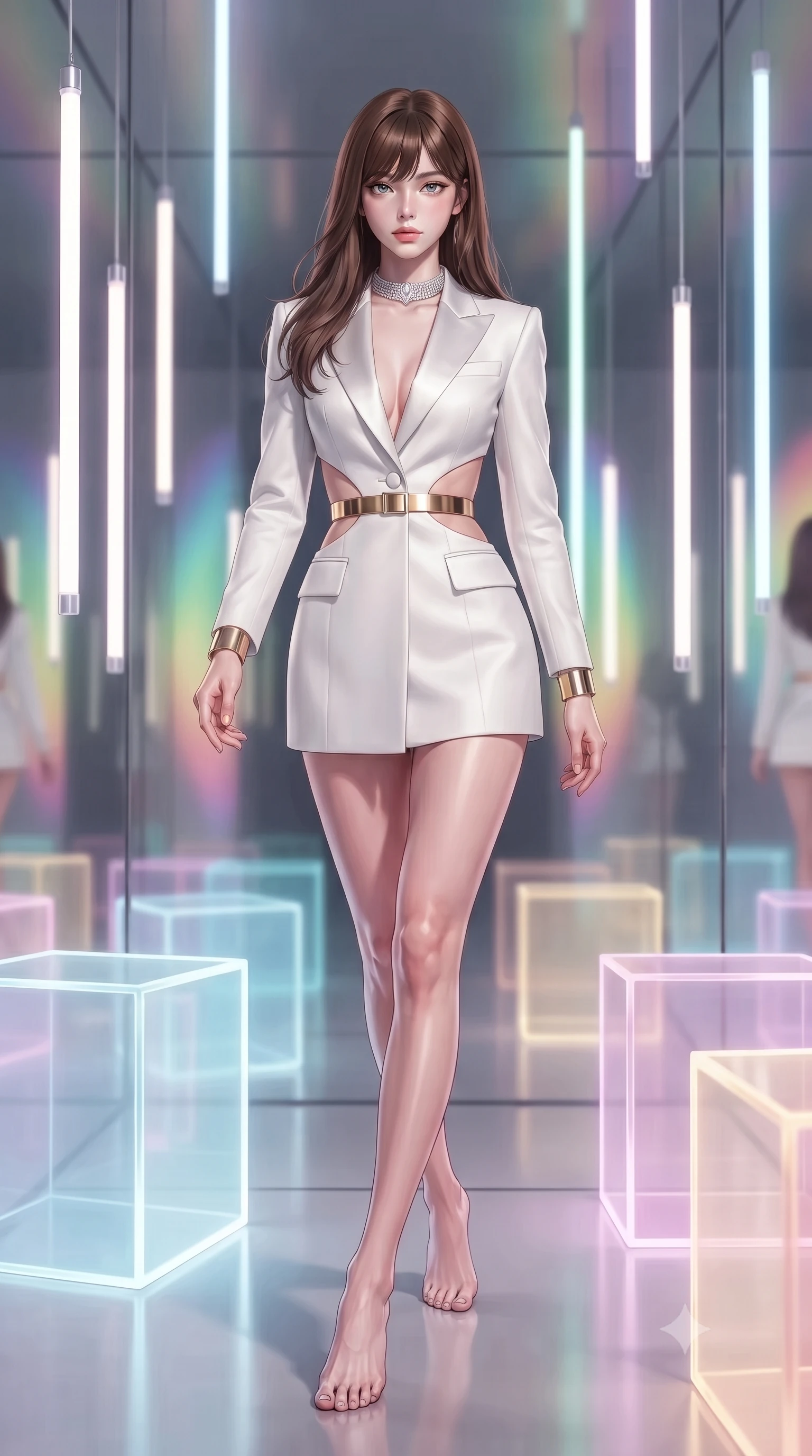 score_9, masterpiece, best quality, ultra-detailed, high-budget anime keyframe, editorial fashion photography, tasteful artistic composition, Korean woman. low angle full-body shot from head to toe showing her feet, filling the entire 9:16 vertical frame with her statuesque presence, stretching her vertical silhouette. stepping forward gracefully in mid-motion, displaying her toned flat midriff and flawlessly sculpted slender limbs while posing inside an avant-garde digital art gallery surrounded by glowing translucent acrylic cubes and suspended LED tubes. The composition keeps background elements in soft focus with creamy bokeh. infinite mirrored room reflections and glowing vertical LED strips blurred into psychedelic rainbow and pastel neon bokeh. She has an absolutely perfect, statuesque 8.5-heads proportion, an exceptionally tall and slender model-like female figure with impossibly long slender legs, a toned flat midriff, and an ultra-slim waist. sharp v-shaped jawline, high-bridge nose, intricate jewel-like eyes with depth, thick eyelashes, glossy lips with a natural sheen, captivating and magnetic expression, flawlessly proportioned anatomical accuracy, strict slender model proportions, natural body alignment, perfectly sculpted long slender limbs, ultra-slim waistline, clean dynamic posture without body distortion. wearing a chic tailored white tuxedo jacket dress with satin lapels and an ultra-slim waist-cinching gold belt in pristine royal white and brushed gold, made of structured fine wool crepe and liquid silk satin, accessorized with a bold diamond choker and minimalist gold cuffs edition #26, the precision-cut daring openings accentuating her delicate midriff, graceful bare collarbones, and ultra-slim feminine waistline. surrounded by a cutting-edge, avant-garde, and mesmerizingly stylish future-fashion muse aura. ultra-reflective glossy finish, specular highlights, rich textural contrasts, high-contrast stereoscopic depth, volumetric dynamic lighting, 2k, ultra detail, master piece, 9:16 ratio