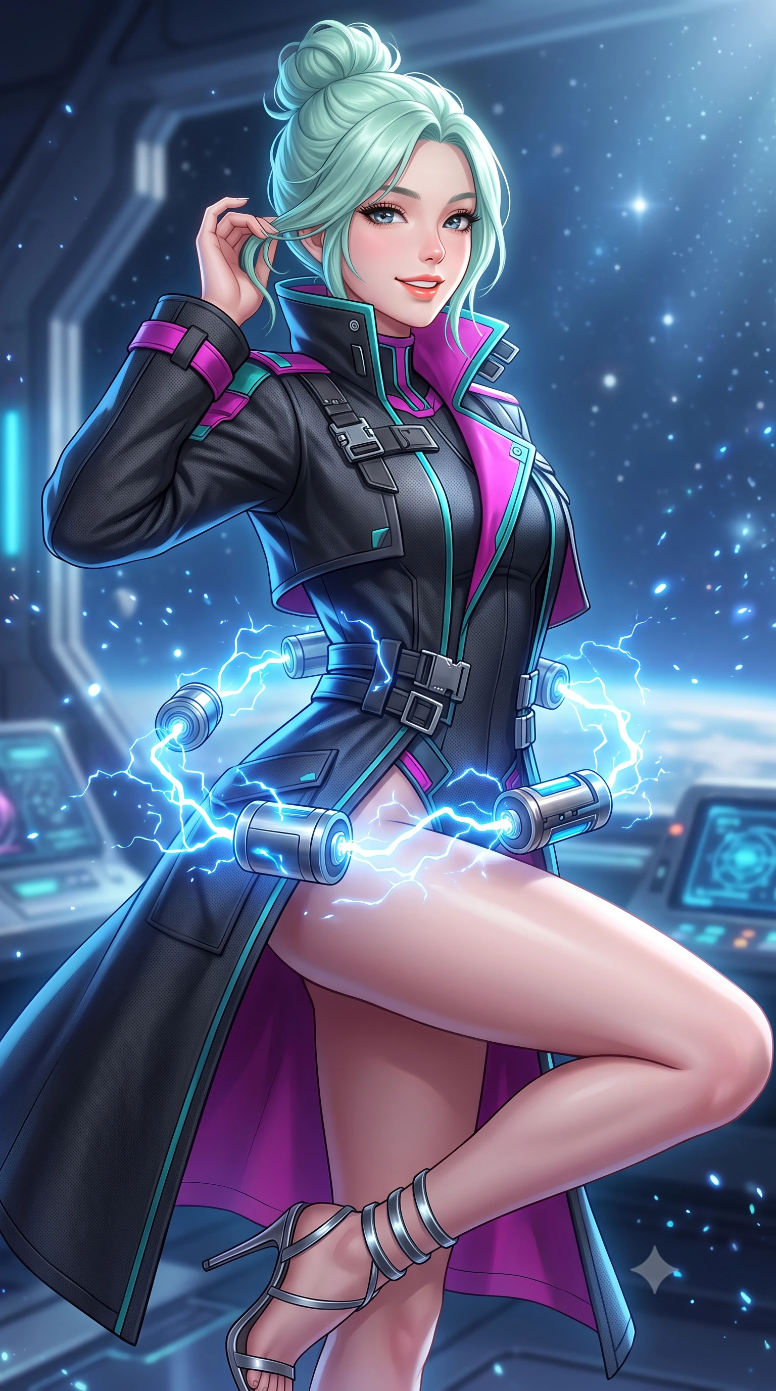 score_9, masterpiece, best quality, ultra-detailed, high-budget anime keyframe, semi-realistic 3D game render, editorial fashion photography, tasteful artistic composition, Japanese woman. close-up cowboy shot from the waist and thighs up, the character dominates the composition, filling the frame with her large presence. gently brushing a lock of hair behind her ear while casting a playful, flirtatious side-gaze with long eyelashes while twisting her slender torso in an alluring contrapposto stance, crackling blue electrical arcs leaping between capacitors wrapping around her narrow waist and curvy hips. The background shows a soft-focus ionized vacuum plasma particles softened in orbital defense platform shallow focus. She has an exceptionally elegant, slender, and willowy female figure with an ultra-slim waist, flat toned midriff, narrow ribcage, and sculpted feminine hips creating an alluring, slim hourglass silhouette without bulk. sharp v-shaped jawline, high-bridge nose, intricate jewel-like sparkling eyes with depth, thick eyelashes, glossy parted lips with a natural peach sheen, bright cheerful beaming smile with an enchanting and coquettish sensual glint, exuding both youthful cute charm and seductive allure, flawlessly proportioned anatomical accuracy, strict slender model proportions, natural body alignment, perfectly sculpted long slender limbs, ultra-slim waistline, clean dynamic posture without body distortion. wearing a bespoke tactical commander trench coat in matte carbon-weave with magnetic utility buckles, storm flaps, and high standing collar in Kowloon neon magenta and electric teal, crafted from bespoke double-faced cashmere with an exceptionally soft tactile finish, complemented by strappy stiletto sandals with metallic ankle wraps accentuating her slender calves, the impeccably tailored cut draping gracefully along her slender figure with aristocratic poise. bathed in cold electric-blue capacitor glow combined with crisp unpolluted starlight. highly saturated vibrant anime colors, detailed shading with soft gradients, rich glossy textures, high-contrast stereoscopic depth, volumetric dynamic lighting, master piece, 9:16 ratio