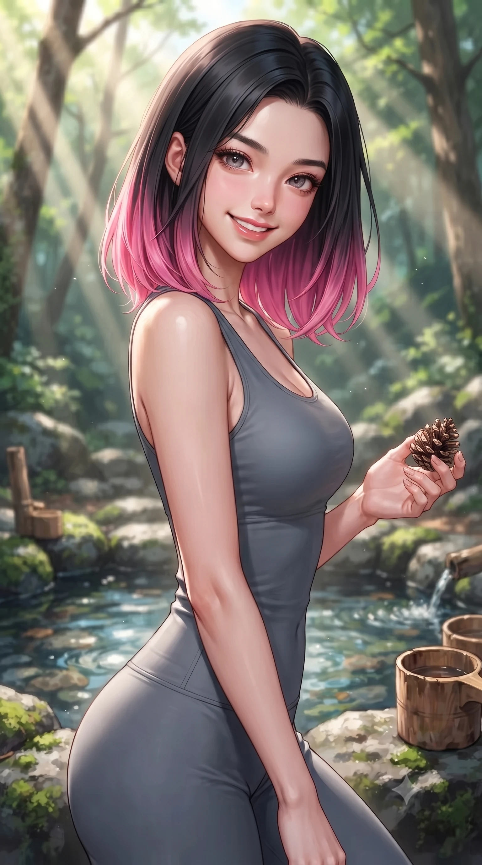 score_9, masterpiece, best quality, ultra-detailed, high-budget anime keyframe, editorial fashion photography, tasteful artistic composition, Korean woman. close-up cowboy shot from the waist and thighs up, the character dominates the composition, filling the frame with her large presence, background elements kept in soft focus. laughing softly with a charming expression, tilting her head cutely to the side set against a soft-focus background of next to a mountain spring well with clear water and wooden cups holding a small pinecone in her hand with a cute, playful smile. She has an exceptionally elegant, slender, and willowy female figure with an ultra-slim waist, a gracefully sculpted slender torso, and a refined silhouette. sharp v-shaped jawline, high-bridge nose, intricate jewel-like eyes with depth, thick eyelashes, glossy lips with a natural sheen. wearing form-contouring form-fitting activewear top in slate grey, outlining her slender torso. volumetric sunbeams slicing through the forest trees, creating light rays. highly saturated vibrant anime colors, detailed shading with soft gradients, rich glossy textures, high-contrast stereoscopic depth, volumetric dynamic lighting, master piece, 9:16 ratio