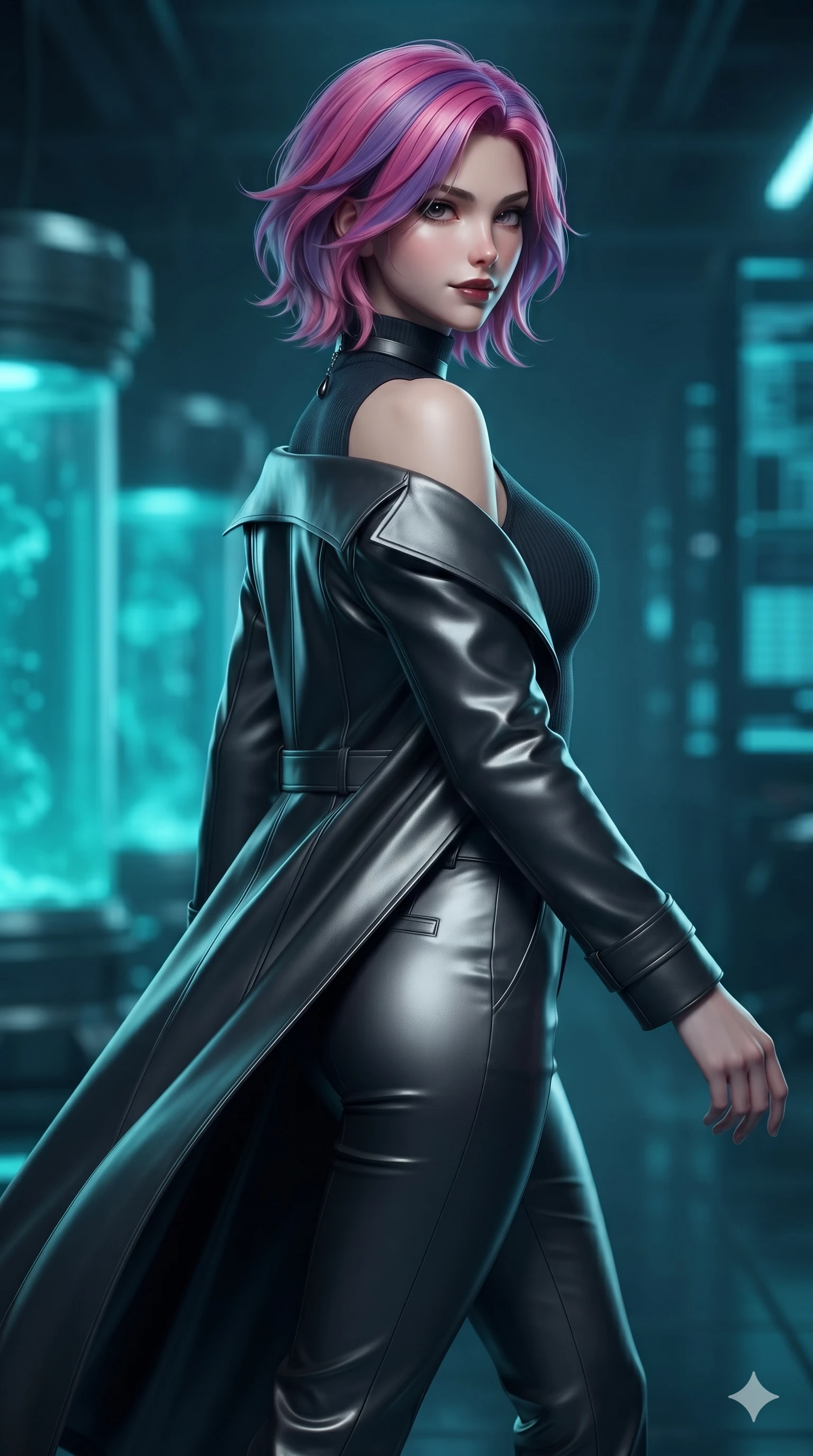 score_9, masterpiece, best quality, ultra-detailed, high-budget anime keyframe, editorial fashion photography, tasteful artistic composition, Caucasian woman. close-up cowboy shot from the waist and thighs up, the character dominates the composition, filling the frame with her large presence. posing in an alluring rear three-quarter angle, turning over a bare shoulder with an intoxicating, smoldering gaze while navigating the midnight sanctuary with an effortless, graceful stride, her dark tailored fit highlighting her hourglass curves. The background shows a soft-focus cylindrical stasis chambers glowing with cyan bioluminescent fluid, distant server monoliths, and neon scan grids blurred into cyan, cobalt, and obsidian bokeh. She has an exceptionally elegant, slender, and willowy female figure with an ultra-slim waist, flat toned midriff, narrow ribcage, and sculpted feminine hips creating an alluring, slim hourglass silhouette without bulk. sharp v-shaped jawline, high-bridge nose, intricate jewel-like dark sparkling eyes with hypnotic seductive depth, thick curled eyelashes, glossy parted lips with a natural wine sheen, alluring bedroom-eyes with an enigmatic smoldering smile, exuding magnetic sovereign charisma and dark avant-garde glamour, flawlessly proportioned anatomical accuracy, strict slender model proportions, natural body alignment, perfectly sculpted long slender limbs, ultra-slim waistline, clean dynamic posture without body distortion. wearing a structured dark leather long coat over a turtleneck and tailored slacks in liquid mercury chrome and smoky quartz, tailored from soft dark satin with subtle light-absorbing depth, finished with a minimalist dark choker and a single teardrop pendant, accentuating her gracefully sculpted slender torso and statuesque proportions. illuminated by stasis fluid floor bounce and sharp electric-cyan rim lights defining her razor-sharp jawline, narrow waist, and curvy hips. ultra-reflective glossy finish, specular highlights, metallic sheen, high-contrast stereoscopic depth, volumetric dynamic lighting, 2k, ultra detail, master piece, 9:16 ratio