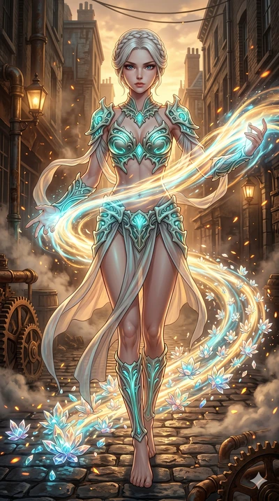 score_9, masterpiece, best quality, ultra-detailed, Set A: High-budget Anime Keyframe, Korean woman. Low angle cowboy shot filling the entire 9:16 frame with her statuesque presence. Theme: Urban Decay. unleashing a massive energy wave in a steampunk