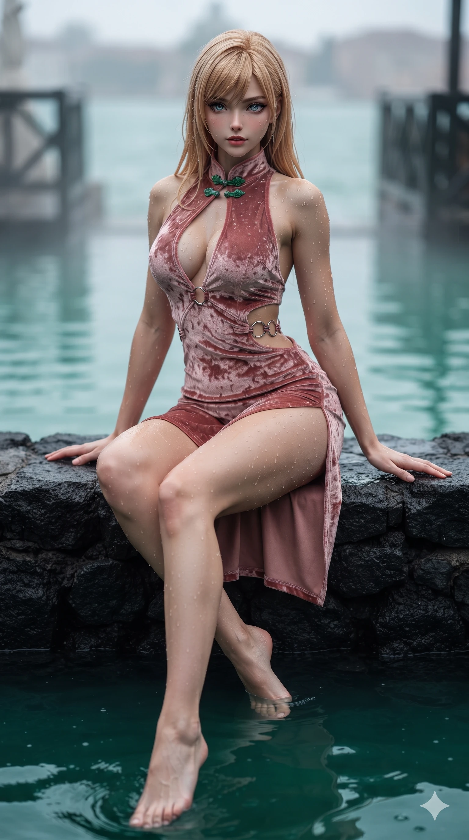 score_9, masterpiece, best quality, ultra-detailed, high-budget anime keyframe, editorial fashion photography, tasteful artistic composition, Caucasian woman. low angle full-body shot from head to toe showing her feet, filling the entire 9:16 vertical frame with her statuesque presence, stretching her vertical silhouette. sitting on the black basalt rock rim of the steaming geothermal lagoon, water droplets beading on her flat midriff and curvy hips while twisting her slender torso in an alluring contrapposto stance, shimmering water reflections tracing her flat midriff and hourglass curves. The background shows a soft-focus Venetian lagoon sea-mist softened in private water-gate landing shallow focus. She has an exceptionally tall and slender model-like 8.5-heads proportion, an ultra-slim waist, a flat toned midriff, narrow delicate ribcage, and beautifully sculpted feminine hips creating a graceful, slim hourglass silhouette without any bulky heaviness, with impossibly long slender legs. sharp v-shaped jawline, high-bridge nose, intricate jewel-like sparkling eyes with depth, thick eyelashes, glossy parted lips with a natural sheen, intensely captivating and seductive bedroom-eyes expression, exuding both youthful cute charm and sovereign luxury allure, flawlessly proportioned anatomical accuracy, strict slender model proportions, natural body alignment, perfectly sculpted long slender limbs, ultra-slim waistline, clean dynamic posture without body distortion. wearing a backless crushed velvet mini dress with a deep plunging neckline and hip-high thigh slit in rose-quartz blush and burnished copper, adorned with delicate chrome ring hardware and cutouts along her slender waist, finished with sleek jade frog closures glinting along her high collar, the glove-like clinging cut tightly following the natural contour of her hips and long slender legs with youthful 8.5-heads elegance. illuminated by emerald canal water reflections and sharp silver-rose rim lights sculpting her razor-sharp jawline, narrow waist, and curvy hips. ultra-reflective glossy finish, specular highlights, rich textural contrasts, high-contrast stereoscopic depth, volumetric dynamic lighting, 2k, ultra detail, master piece, 9:16 ratio