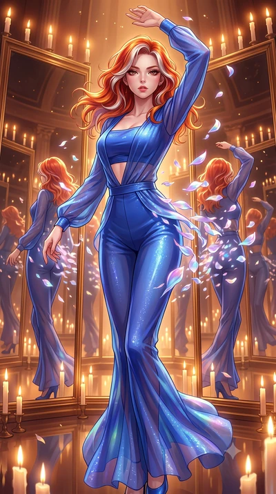 score_9, masterpiece, best quality, ultra-detailed, High-budget Anime Keyframe, Caucasian woman, strictly human ears. Dynamic full-body shot stretching the vertical silhouette to the limit. Scenario 421: dissolving into a cloud of iridescent silk pet