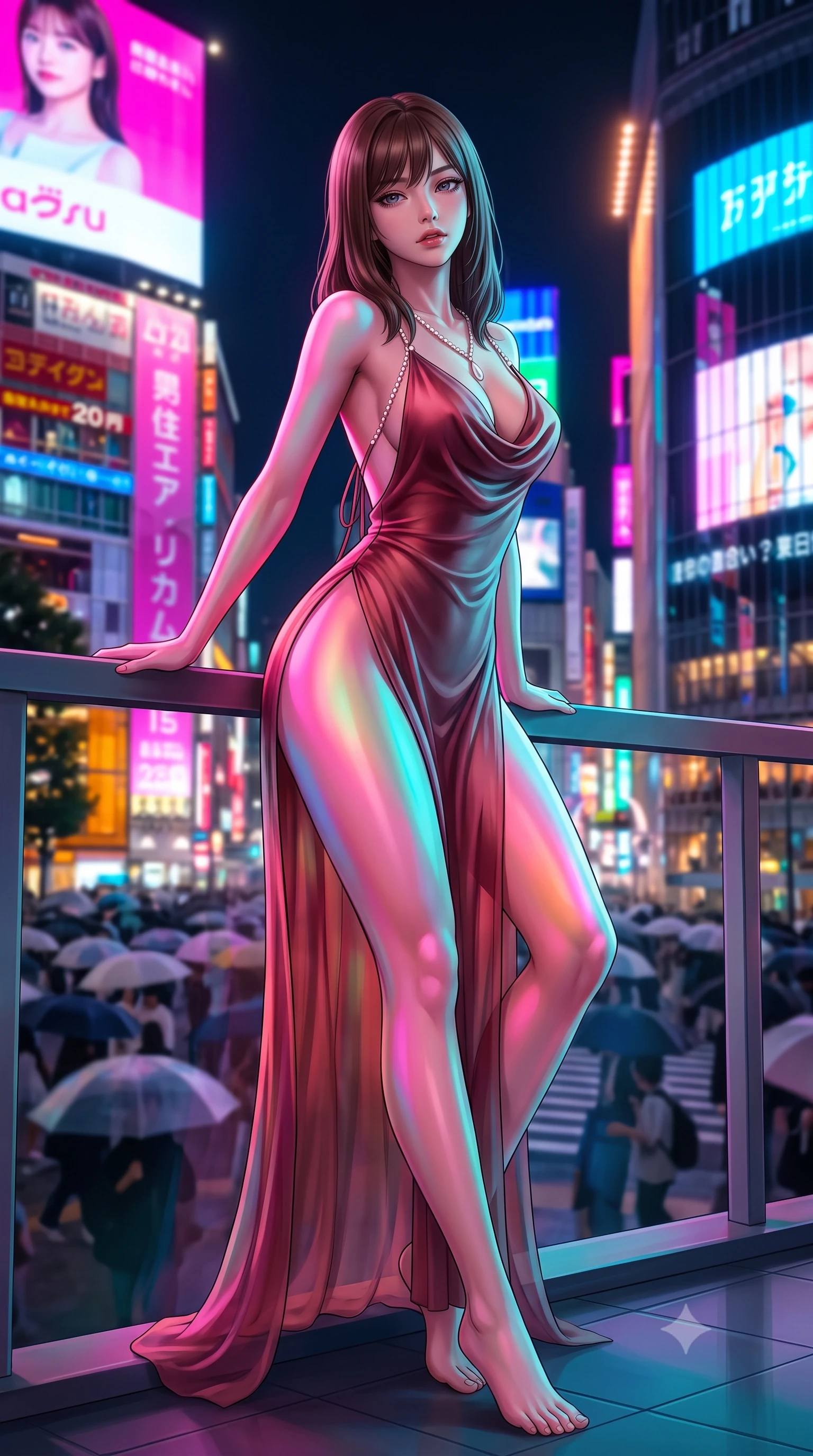 score_9, masterpiece, best quality, ultra-detailed, high-budget anime keyframe, semi-realistic 3D game render, editorial fashion photography, tasteful artistic composition, Korean woman. low angle full-body shot from head to toe showing her feet, filling the entire 9:16 vertical frame with her statuesque presence, stretching her vertical silhouette. leaning deep against the balcony balustrade with hips cocked back in an unapologetically alluring high-fashion stance, casting an intoxicating glance while twisting her slender torso in an alluring contrapposto stance, giant advertising screen video projections painting vibrant colors across her curves. The background shows a soft-focus massive electronic billboard animations, famous Shibuya scramble crossing with pedestrian umbrellas, and neon spires blurred into fuchsia, electric blue, and gold bokeh. She has an absolutely perfect, statuesque 8.5-heads proportion, an exceptionally tall and slender model-like female figure with impossibly long slender legs, an ultra-slim waist, a flat toned midriff, narrow delicate ribcage, and beautifully sculpted feminine hips creating a graceful, slim hourglass silhouette without any bulky heaviness. sharp v-shaped jawline, high-bridge nose, sparkling eyes with hypnotic seductive depth, thick curled eyelashes, glossy parted lips with a natural dewy peach sheen, alluring bedroom-eyes with an enchanting coquettish smile, exuding magnetic siren charisma and sophisticated glamour, flawlessly proportioned anatomical accuracy, strict slender model proportions, natural body alignment, perfectly sculpted long slender limbs, ultra-slim waistline, clean dynamic posture without body distortion. wearing a plunging cowl-neck liquid cashmere-silk slip gown with daring hip-high double slits and delicate back ties in smoldering Chianti crimson wine and deep rose-gold, made of sheer gossamer chiffon that drapes softly against skin with airy translucence, accented with a pearl-drop body harness subtly framing her dewy collarbones and spine, the high-slit wrap tailoring accentuating her ultra-slim waistline and the enchanting curve of her feminine hips with alluring seductive charm. bathed in dynamic shifting saturated neon pink, cyan, and amber light projected horizontally from monumental electronic billboards. highly saturated vibrant anime colors, detailed shading with soft gradients, rich glossy textures, high-contrast stereoscopic depth, volumetric dynamic lighting, master piece, 9:16 ratio