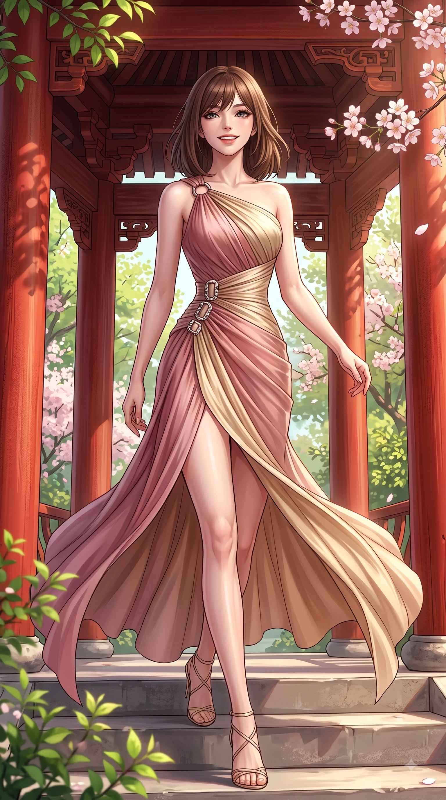 score_9, masterpiece, best quality, ultra-detailed, high-budget anime keyframe, editorial fashion photography, tasteful artistic composition, Korean woman. low angle full-body shot from head to toe showing her feet, filling the entire 9:16 vertical frame with her statuesque presence, stretching her vertical silhouette. forging dynamically through the scene with a happy infectious smile, her ultra-slim waist creating a sweeping curve while pivoting gracefully on the steps of a traditional red wooden pavilion with a warm smile, red vermilion pavilion columns contrasting vividly with green spring foliage. She has an absolutely perfect, statuesque 8.5-heads proportion, an exceptionally tall and slender model-like female figure with impossibly long slender legs and an ultra-slim waist. sharp v-shaped jawline, high-bridge nose, intricate jewel-like eyes with depth, thick eyelashes, glossy lips with a natural sheen, flawlessly proportioned anatomical accuracy, natural body alignment, perfectly sculpted elegant limbs, clean dynamic posture without body distortion. wearing an asymmetrical Grecian draped chiffon gown with a metallic shoulder ring in dusty rose and champagne gold, crafted from smooth liquid silk, detailed with polished silver buckles along the waistline, the tailored fabric tightly following every curve of her athletic build. surrounded by a serene, uplifting spring aura with cheerful highlights. highly saturated vibrant anime colors, detailed shading with soft gradients, rich glossy textures, high-contrast stereoscopic depth, volumetric dynamic lighting, master piece, 9:16 ratio