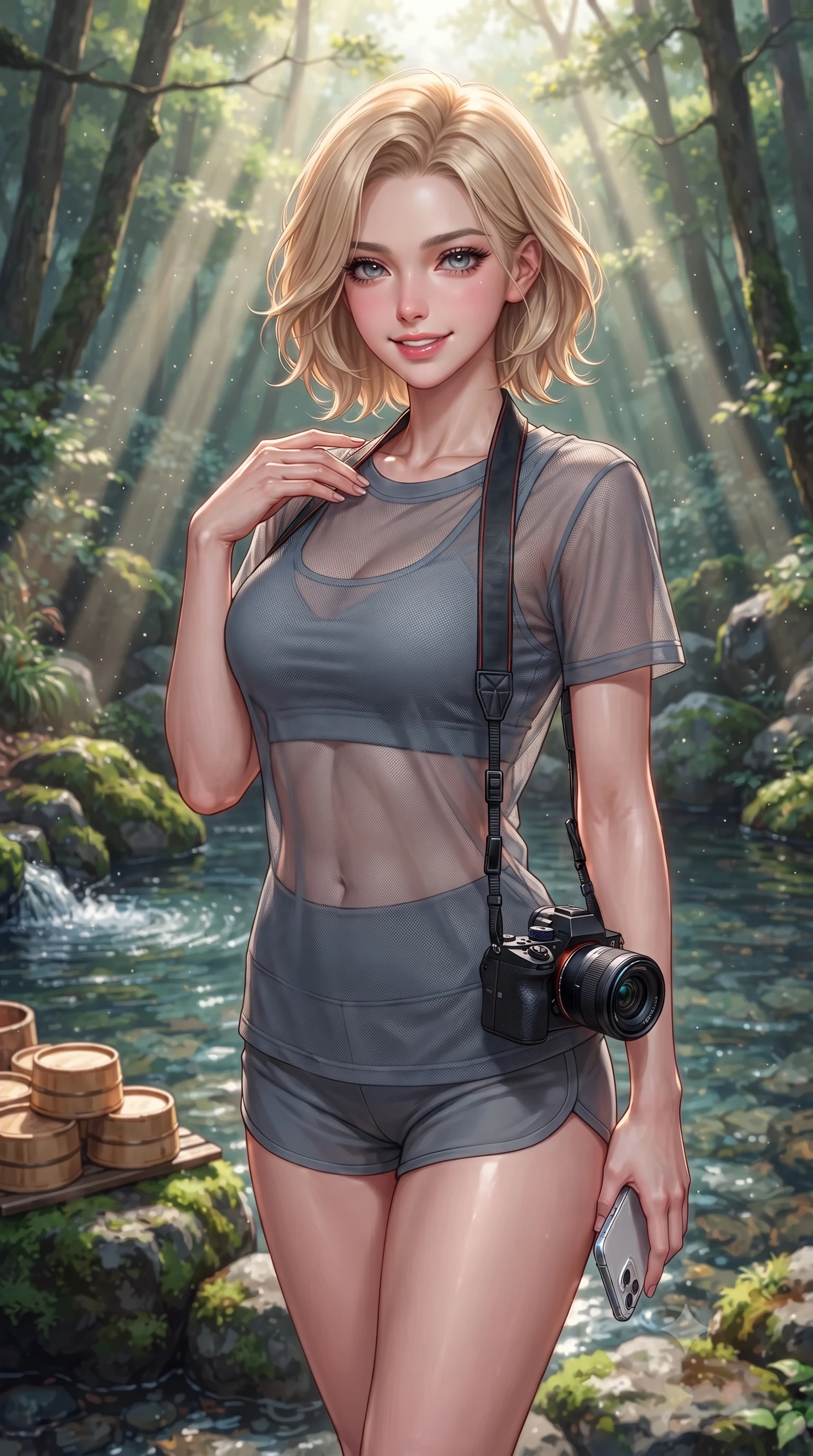 score_9, masterpiece, best quality, ultra-detailed, high-budget anime keyframe, editorial fashion photography, tasteful artistic composition, Caucasian woman. close-up cowboy shot from the waist and thighs up, the character dominates the composition, filling the frame with her large presence, background elements kept in soft focus. flashing a sweet yet sultry smile, holding her hand near her shoulder in a poised gesture set against a soft-focus background of next to a mountain spring well with clear water and wooden cups with a camera strap around her neck and a smartphone in her hand. She has an exceptionally elegant, slender, and willowy female figure with an ultra-slim waist, a gracefully sculpted slender torso, and a refined silhouette. sharp v-shaped jawline, high-bridge nose, intricate jewel-like eyes with depth, thick eyelashes, glossy lips with a natural sheen. wearing tailored sheer mesh athletic top in slate grey, worn over a slim-fit sports bralette and shorts. volumetric sunbeams slicing through the forest trees, creating light rays. highly saturated vibrant anime colors, detailed shading with soft gradients, rich glossy textures, high-contrast stereoscopic depth, volumetric dynamic lighting, master piece, 9:16 ratio