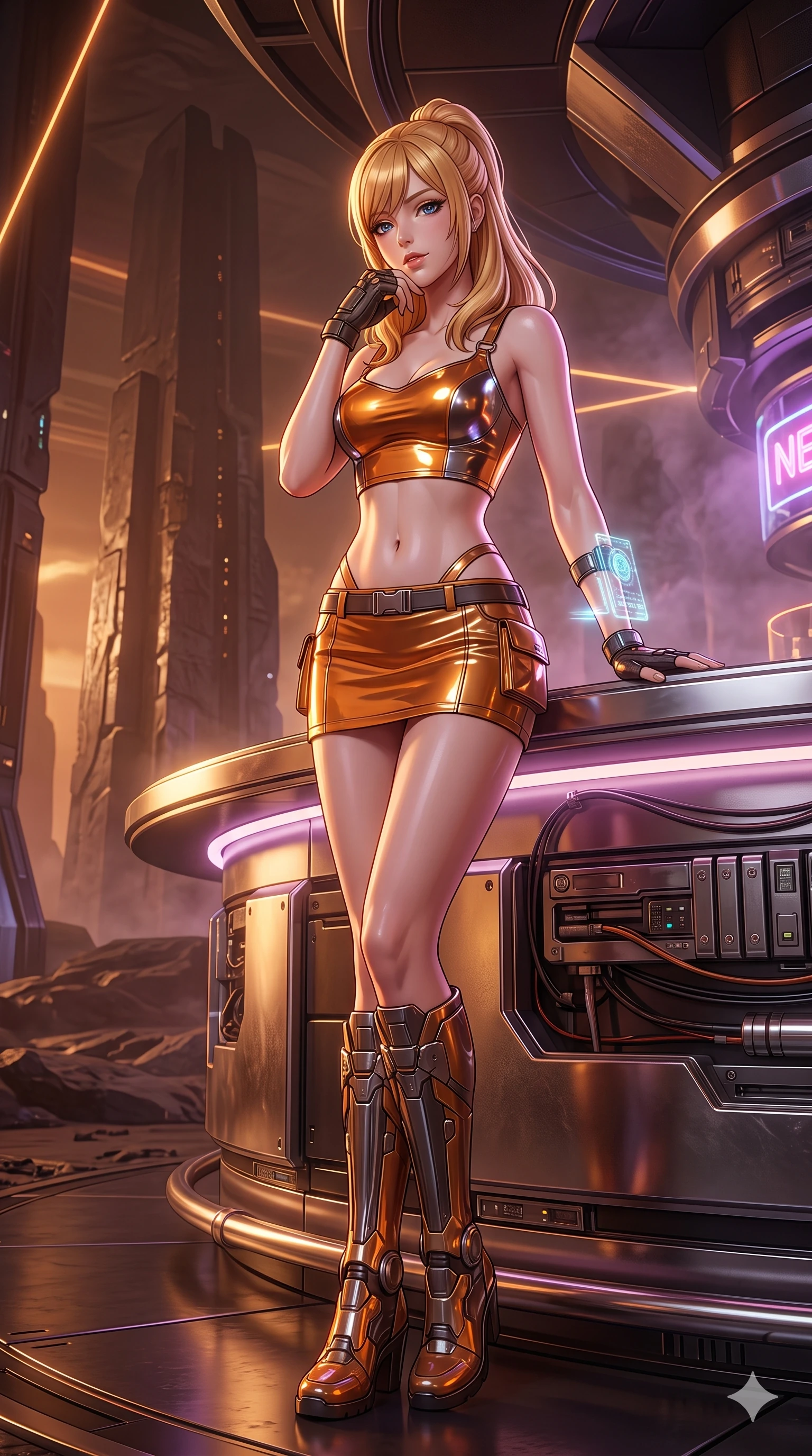 score_9, masterpiece, best quality, ultra-detailed, high-budget anime keyframe, semi-realistic 3D game render, editorial fashion photography, tasteful artistic composition, Caucasian woman. low angle full-body shot from head to toe showing her feet, filling the entire 9:16 vertical frame with her statuesque presence, stretching her vertical silhouette. standing poised between colossal monoliths rising from alien ground, arching her back with sovereign ancient-future grace while leaning against the mirror-polished counter with hips cocked back, resting her chin on one hand while casting an alluring bedroom-gaze into the camera. The surrounding environment is rendered in vivid detail and crisp panoramic clarity: detailed vinyl crop top tailoring, delicate strap hardware, and luxurious underground lounge interior in razor-sharp precision. She has an absolutely perfect, statuesque 8.5-heads proportion, an exceptionally tall and slender model-like female figure with impossibly long slender legs, an ultra-slim waist, a flat toned midriff, narrow delicate ribcage, and beautifully sculpted feminine hips creating a graceful, slim hourglass silhouette without any bulky heaviness. sharp v-shaped jawline, high-bridge nose, intricate jewel-like sparkling eyes with depth, thick eyelashes, glossy parted lips with a natural sheen, bright confident smile with an enchanting and coquettish sensual glint, exuding both youthful magnetic charm and sovereign high-tech allure, flawlessly proportioned anatomical accuracy, strict slender model proportions, natural body alignment, perfectly sculpted long slender limbs, ultra-slim waistline, clean dynamic posture without body distortion. wearing a body-hugging modern carbon-alloy crop top paired with a low-rise tactical skirt and a subtle waist cut-out in cosmic eclipse amber and starlight diamond, tailored from ultra-reflective glossy liquid vinyl with mirror-like specular highlights, complemented by fingerless armored tactical gloves and a glowing holographic wrist terminal, the glove-like clinging cut tightly following the natural contour of her hips and long slender legs with youthful 8.5-heads elegance. bathed in the warm, moody amber and soft purple under-counter mood lighting with crisp laser accent beams. highly saturated vibrant anime colors, detailed shading with soft gradients, rich glossy textures, high-contrast stereoscopic depth, volumetric dynamic lighting, master piece, 9:16 ratio