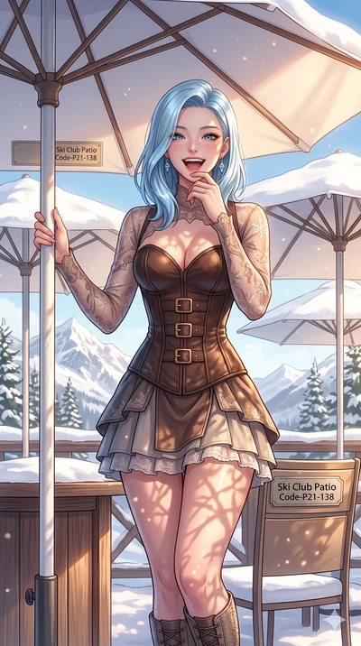 score_9, masterpiece, best quality, ultra-detailed, high-budget anime keyframe, vibrant anime aesthetic, Korean woman. cowboy shot from the thighs up, character and outfit filling the frame for maximum presence. She is posing with a delightful winter