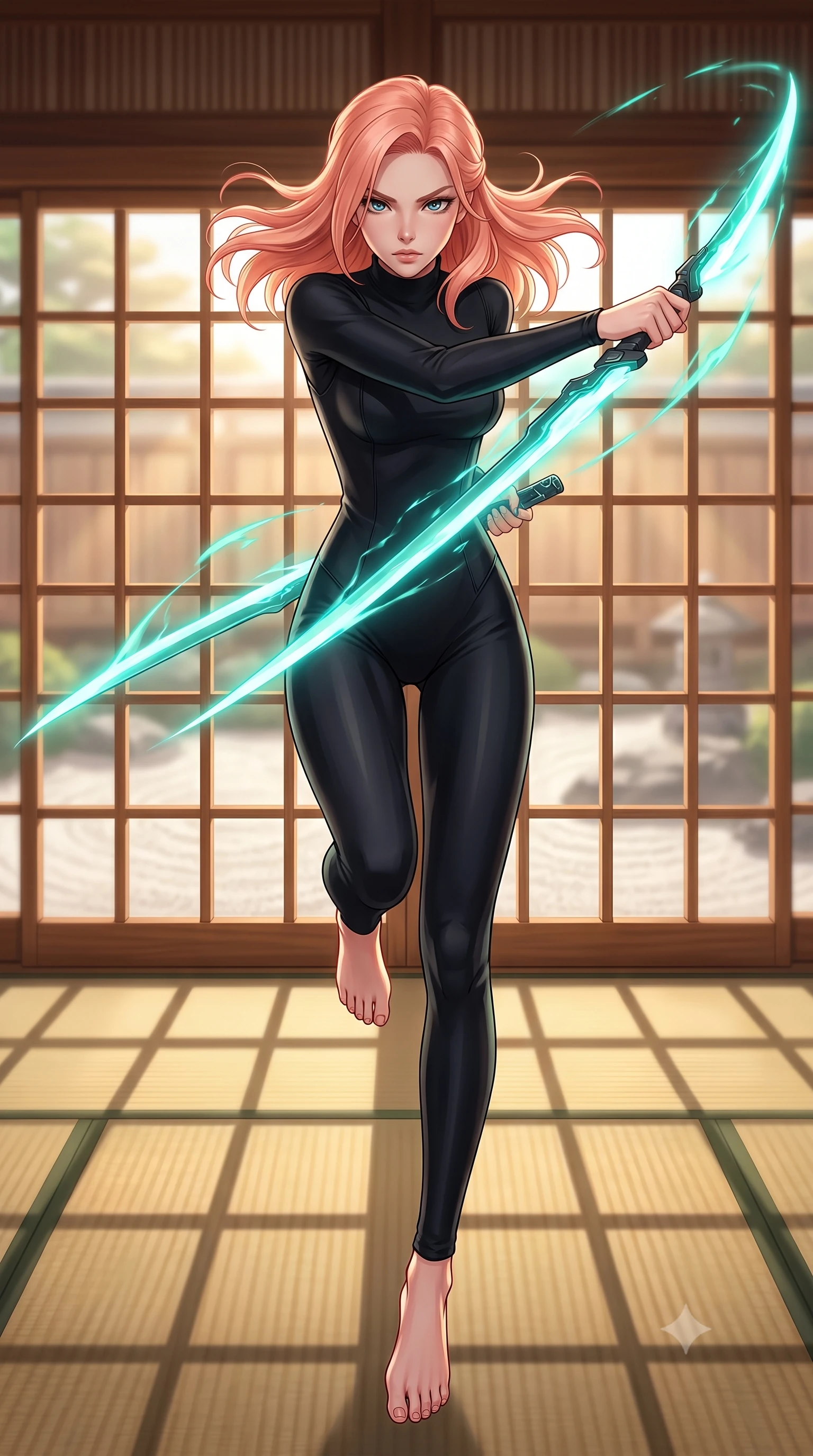 score_9, masterpiece, best quality, ultra-detailed, high-budget anime keyframe, editorial fashion photography, tasteful artistic composition, Japanese woman. low angle full-body shot from head to toe showing her feet, filling the entire 9:16 vertical frame with her statuesque presence, stretching her vertical silhouette. leaping forward while slashing with a twin-bladed plasma sword in mid-air, her body-contouring suit showing her athletic silhouette, the background shows a soft-focus a traditional ryokan cypress wood bath (hinoki) facing a sand gravel garden. She has an absolutely perfect, statuesque 8.5-heads proportion, an exceptionally tall and slender model-like female figure with impossibly long slender legs and an ultra-slim waist. sharp v-shaped jawline, high-bridge nose, intricate jewel-like eyes with depth, thick eyelashes, glossy lips with a natural sheen. wearing a slim-fit body-hugging high-neck flight deck jumpsuit in matte black, contouring her athletic, slender build. soft late afternoon sunrays casting long wooden grid shadows on the tatami. highly saturated vibrant anime colors, detailed shading with soft gradients, rich glossy textures, high-contrast stereoscopic depth, volumetric dynamic lighting, master piece, 9:16 ratio