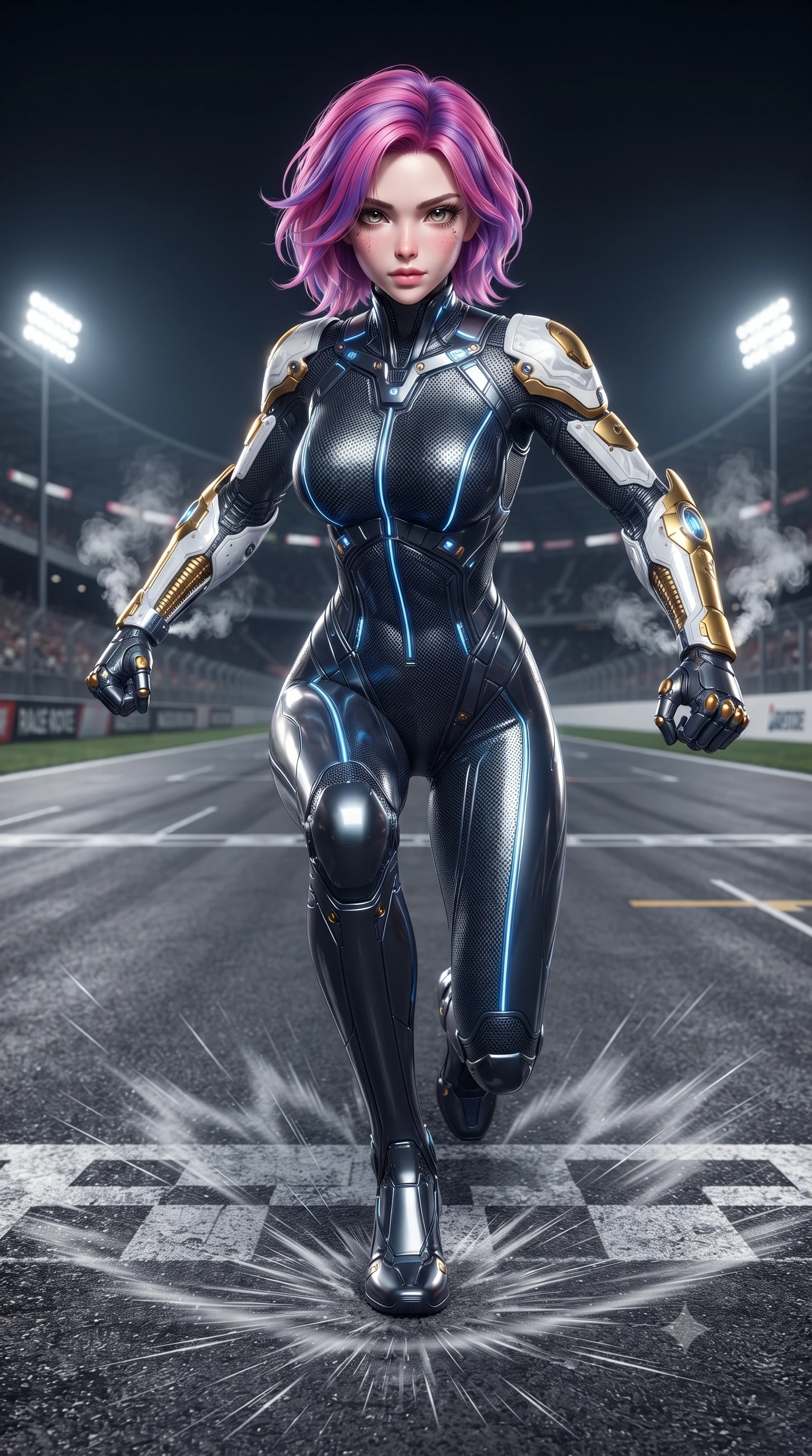 score_9, masterpiece, best quality, ultra-detailed, high-budget anime keyframe, editorial fashion photography, tasteful artistic composition, Caucasian woman. low angle full-body shot from head to toe showing her feet, filling the entire 9:16 vertical frame with her statuesque presence, stretching her vertical silhouette. landing gracefully from a high-altitude leap on one knee and palm, her statuesque silhouette framed by radial shockwave ripples in the ground while arching her spine in a fluid combat stance on the finish line with steam hissing from her carbon knuckle vents. The surrounding environment is rendered in vivid detail and crisp panoramic clarity. sharp carbon-fiber armor weave, glowing kinetic knuckle damper coils, and scratched steel track plates in deep focus. She has an absolutely perfect, statuesque 8.5-heads proportion, an exceptionally tall and slender model-like female figure with impossibly long slender legs, a toned flat midriff, and an ultra-slim waist. sharp v-shaped jawline, high-bridge nose, intricate jewel-like eyes with depth, thick eyelashes, glossy lips with a natural sheen, flawlessly proportioned anatomical accuracy, strict slender model proportions, natural body alignment, perfectly sculpted long slender limbs, ultra-slim waistline, clean dynamic posture without body distortion. wearing an aerodynamic dark titanium carbon-mesh jumper with glowing blue fiber lines and reinforced Damascus-pattern arm guards in arctic white carbon composite with radiant solar gold plating, made of lightweight aerodynamic carbon-titanium alloy with polished edge bevels, featuring a sleek aerodynamic collar framed by subtle glowing cybernetic status LEDs, the sleek second-skin cut tightly hugging her graceful clavicle, narrow waist, and feminine curves with athletic precision. illuminated by crisp white key lighting with sharp specular highlights tracing her sculpted athletic curves. ultra-reflective glossy finish, specular highlights, dark metallic sheen, high-contrast stereoscopic depth, volumetric dynamic lighting, 2k, ultra detail, master piece, 9:16 ratio