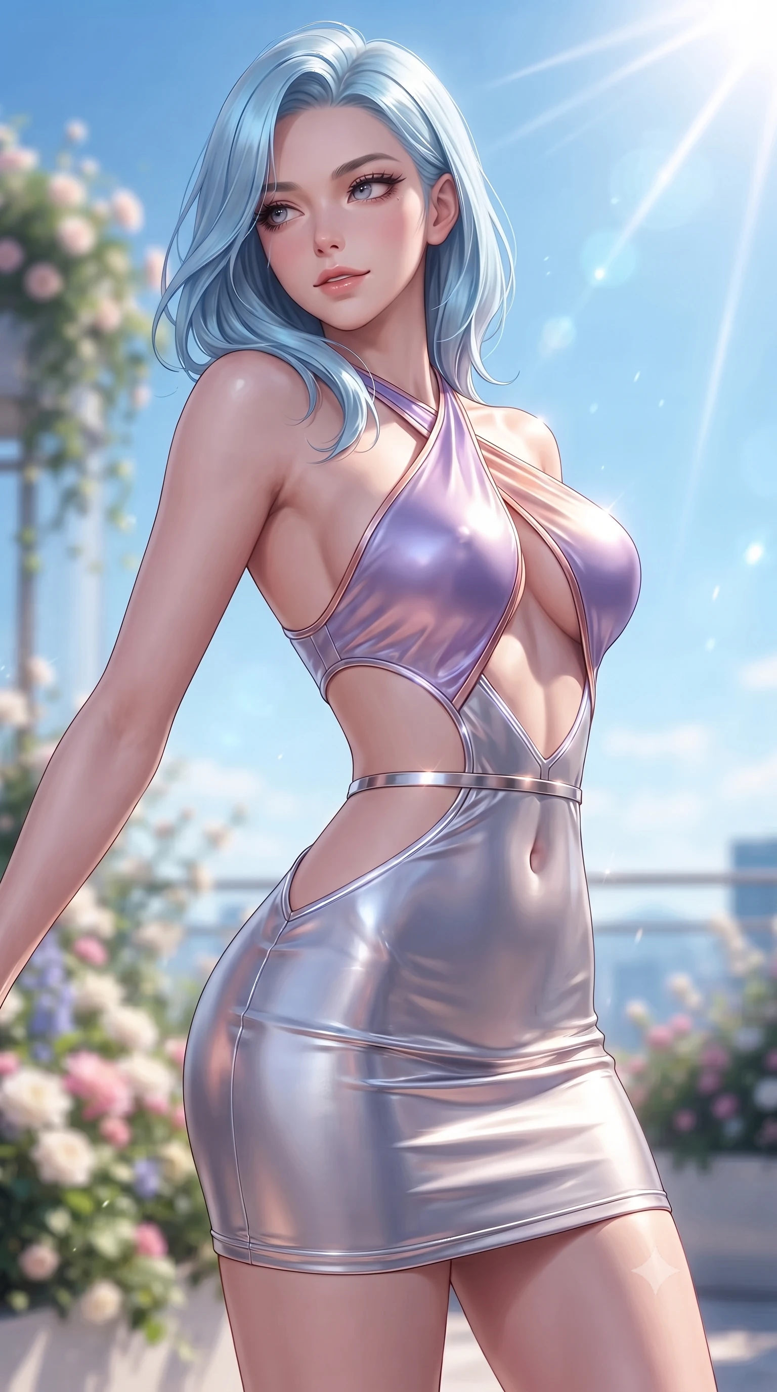 score_9, masterpiece, best quality, ultra-detailed, high-budget anime keyframe, editorial fashion photography, tasteful artistic composition, Korean woman. close-up cowboy shot from the waist and thighs up, the character dominates the composition, filling the frame with her large presence. stretching forward with an alluring arch of her spine, glancing over her shoulder with thick eyelashes and a smoldering half-smile while standing with statuesque poise on a 120th-floor sky-garden terrace flanked by lush blooming flora and clear blue skies. The composition keeps background elements in soft focus with creamy bokeh. brilliant high-altitude sunrays scattering radiant light across a dreamy blue backdrop. She has an exceptionally elegant, slender, and willowy female figure with an ultra-slim waist, a gracefully sculpted slender torso, toned flat midriff, and a refined slim silhouette. sharp v-shaped jawline, high-bridge nose, intricate jewel-like eyes with depth, thick eyelashes, glossy lips with a natural sheen, flawlessly proportioned anatomical accuracy, strict slender model proportions, natural body alignment, perfectly sculpted long slender limbs, ultra-slim waistline, clean dynamic posture without body distortion. wearing a molten silver liquid-metal mini dress featuring deep side-waist cutouts and a daring crossover halter neckline in luminous lavender violet and rose gold, made of liquid metal jersey that clings flawlessly to every contour of her build, reinforced by a sleek metallic chrome harness and delicate glowing micro-straps, the precision-cut daring openings accentuating her delicate midriff, graceful bare collarbones, and ultra-slim feminine waistline. illuminated by crisp specular highlights tracing her sculpted collarbones and waistline. ultra-reflective glossy finish, specular highlights, metallic sheen, high-contrast stereoscopic depth, volumetric dynamic lighting, 2k, ultra detail, master piece, 9:16 ratio