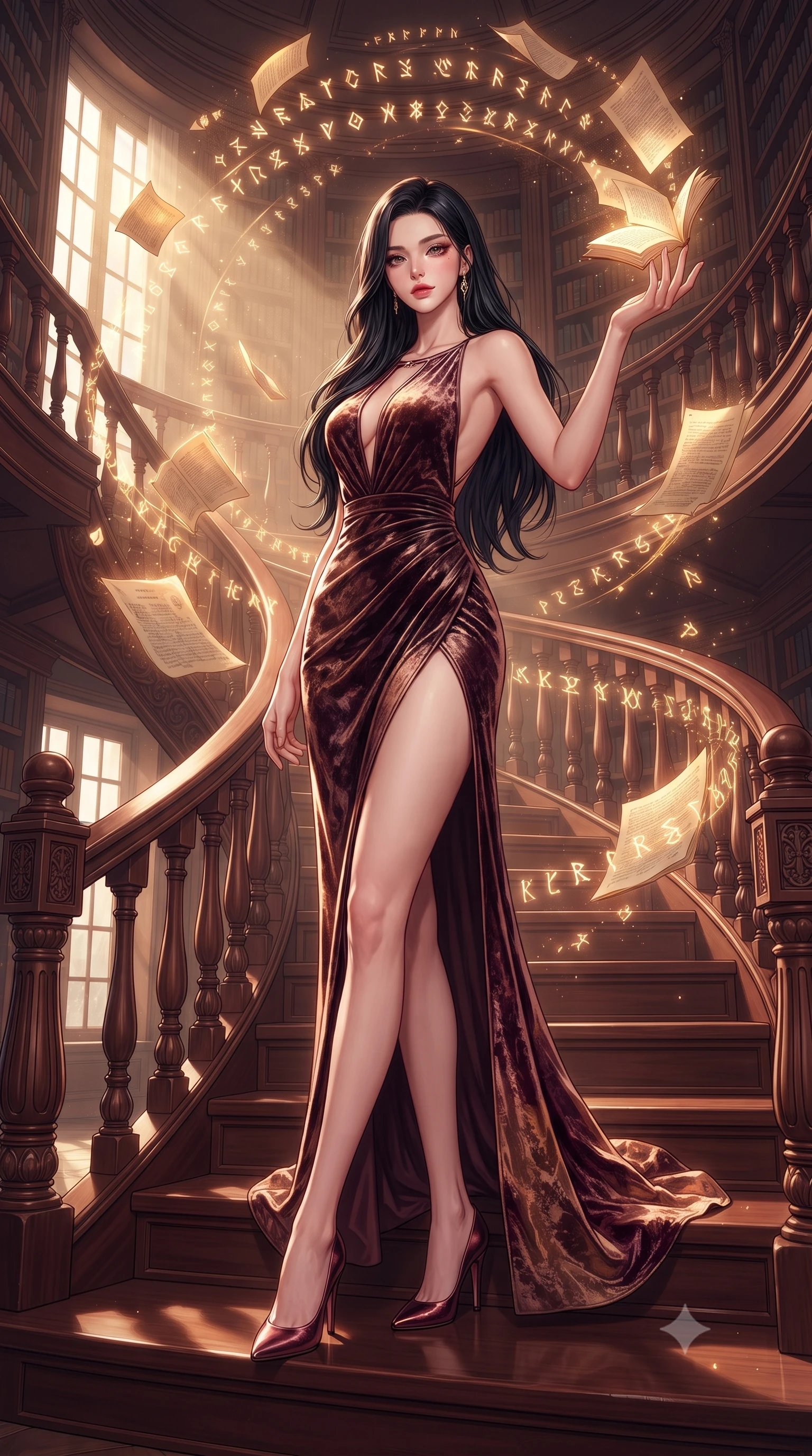 score_9, masterpiece, best quality, ultra-detailed, high-budget anime keyframe, editorial fashion photography, tasteful artistic composition, Korean woman. low angle full-body shot from head to toe showing her feet, filling the entire 9:16 vertical frame with her statuesque presence, stretching her vertical silhouette. interacting gracefully with the magical floating elements while maintaining a confident posture standing on a carved mahogany spiral staircase in a grand multi-story library, floating paper pages and glowing magic runes hovering in the quiet air. She has an absolutely perfect, statuesque 8.5-heads proportion, an exceptionally tall and slender model-like female figure with impossibly long slender legs and an ultra-slim waist. sharp v-shaped jawline, high-bridge nose, intricate jewel-like eyes with depth, thick eyelashes, glossy lips with a natural sheen. wearing a backless crushed velvet gown with a deep V-neckline and high thigh slit in deep burgundy and bronze, crafted from smooth liquid silk, accented with a Tasteful chest slit framing her clavicle gracefully, the elegant draped fit framing her graceful clavicle and slender torso. bathed in warm dusty sunbeams and golden inner glow from floating pages. highly saturated vibrant anime colors, detailed shading with soft gradients, rich glossy textures, high-contrast stereoscopic depth, volumetric dynamic lighting, master piece, 9:16 ratio