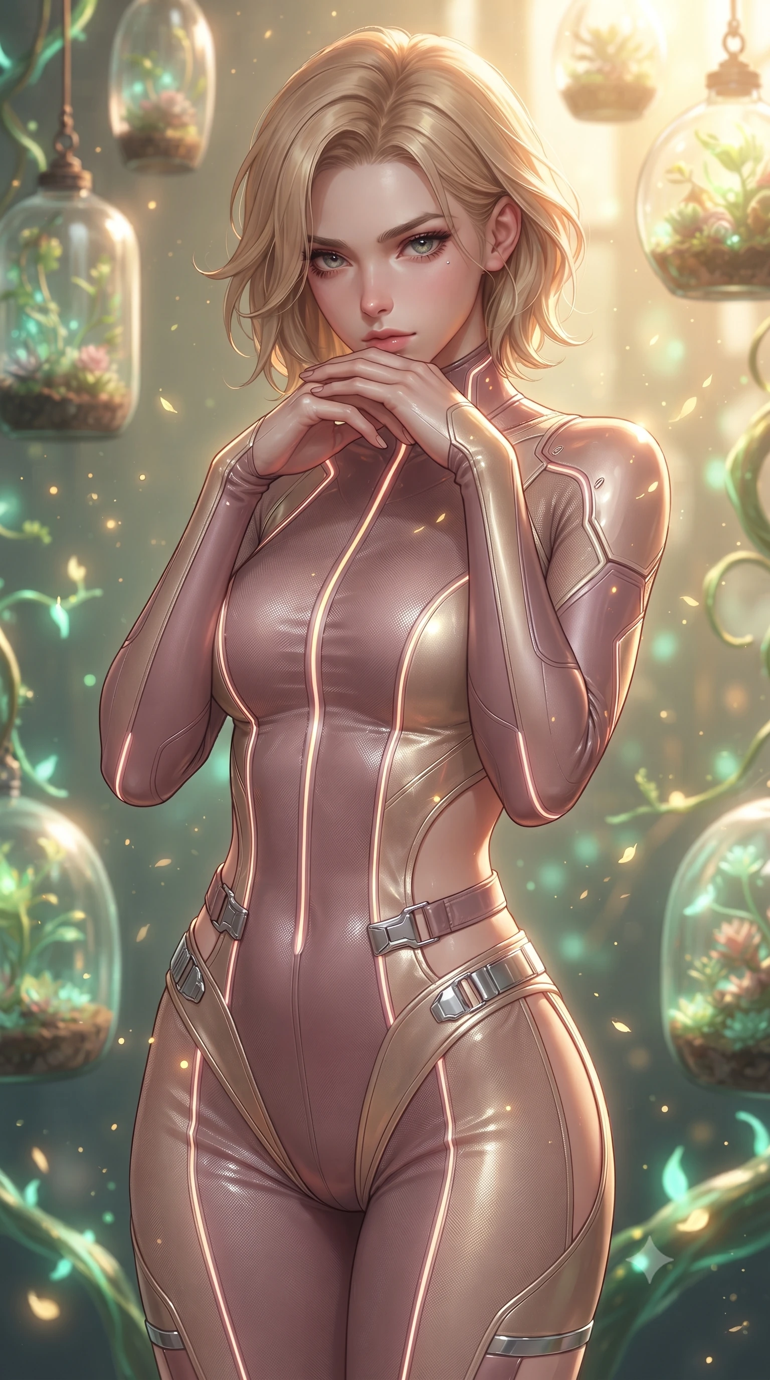 score_9, masterpiece, best quality, ultra-detailed, high-budget anime keyframe, editorial fashion photography, tasteful artistic composition, Caucasian woman. close-up cowboy shot from the waist and thighs up, the character dominates the composition, filling the frame with her large presence, background elements kept in soft focus. Resting her chin on the backs of her fingers, casting a sharp, mysterious gaze surrounded by floating glass terrariums and radiant biomorphic vines, glowing pollen particles drifting gracefully around her form. She has an exceptionally elegant, slender, and willowy female figure with an ultra-slim waist, a gracefully sculpted slender torso, and a refined silhouette. sharp v-shaped jawline, high-bridge nose, intricate jewel-like eyes with depth, thick eyelashes, glossy lips with a natural sheen. wearing a skin-tight cybernetic bodysuit with glowing neon seams and side cutouts in dusty rose and champagne gold, woven from fine semi-opaque sheer organza, detailed with polished silver buckles along the waistline, the sleek second-skin texture accentuating her magnetic presence. bathed in warm golden sunlight and soft emerald bioluminescent glow. ultra-reflective glossy finish, specular highlights, metallic sheen, high-contrast stereoscopic depth, volumetric dynamic lighting, 2k, ultra detail, master piece, 9:16 ratio