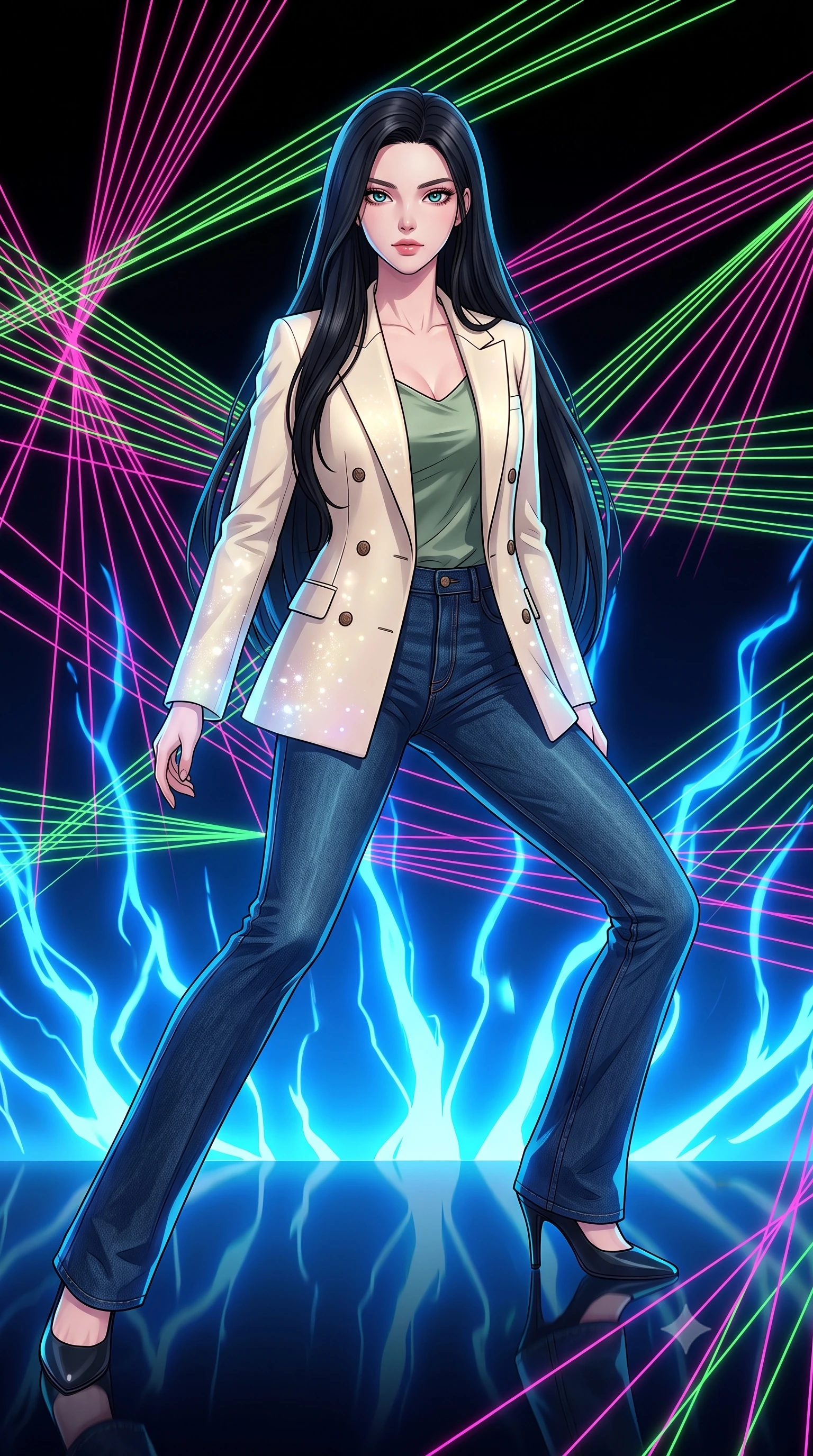 score_9, masterpiece, best quality, ultra-detailed, high-budget anime keyframe, clean line-art, cel-shading, Korean woman. low angle full-body shot from head to toe showing her feet, filling the entire 9:16 vertical frame with her statuesque presence, stretching her vertical silhouette. skidding across a slick reflective surface in a low combat stance through a pitch-black space where neon pink and green threads are stretched in geometric arrays, humming with energy. She has a statuesque 8.5-heads proportion, an exceptionally tall, slender and willowy model-like build with impossibly long legs and a highly sculpted ultra-slim waist. sharp v-shaped jawline, high-bridge nose, intricate jewel-like eyes with depth, thick eyelashes, glossy lips with a natural sheen. wearing catching and diffusing the glowing particles, shimmering softly in response to the surrounding light, a body-hugging tailored cream double-breasted blazer over a sage green silk top, paired with raw dark blue denim. pulsing electric blue plasma arc lighting rising dramatically from below. highly saturated vibrant anime colors, intense vivid color palette, volumetric dynamic lighting, 2k, ultra detail, master piece, 9:16 ratio