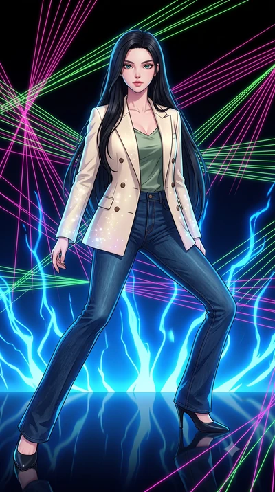score_9, masterpiece, best quality, ultra-detailed, high-budget anime keyframe, clean line-art, cel-shading, Korean woman. low angle full-body shot from head to toe showing her feet, filling the entire 9:16 vertical frame with her statuesque presence