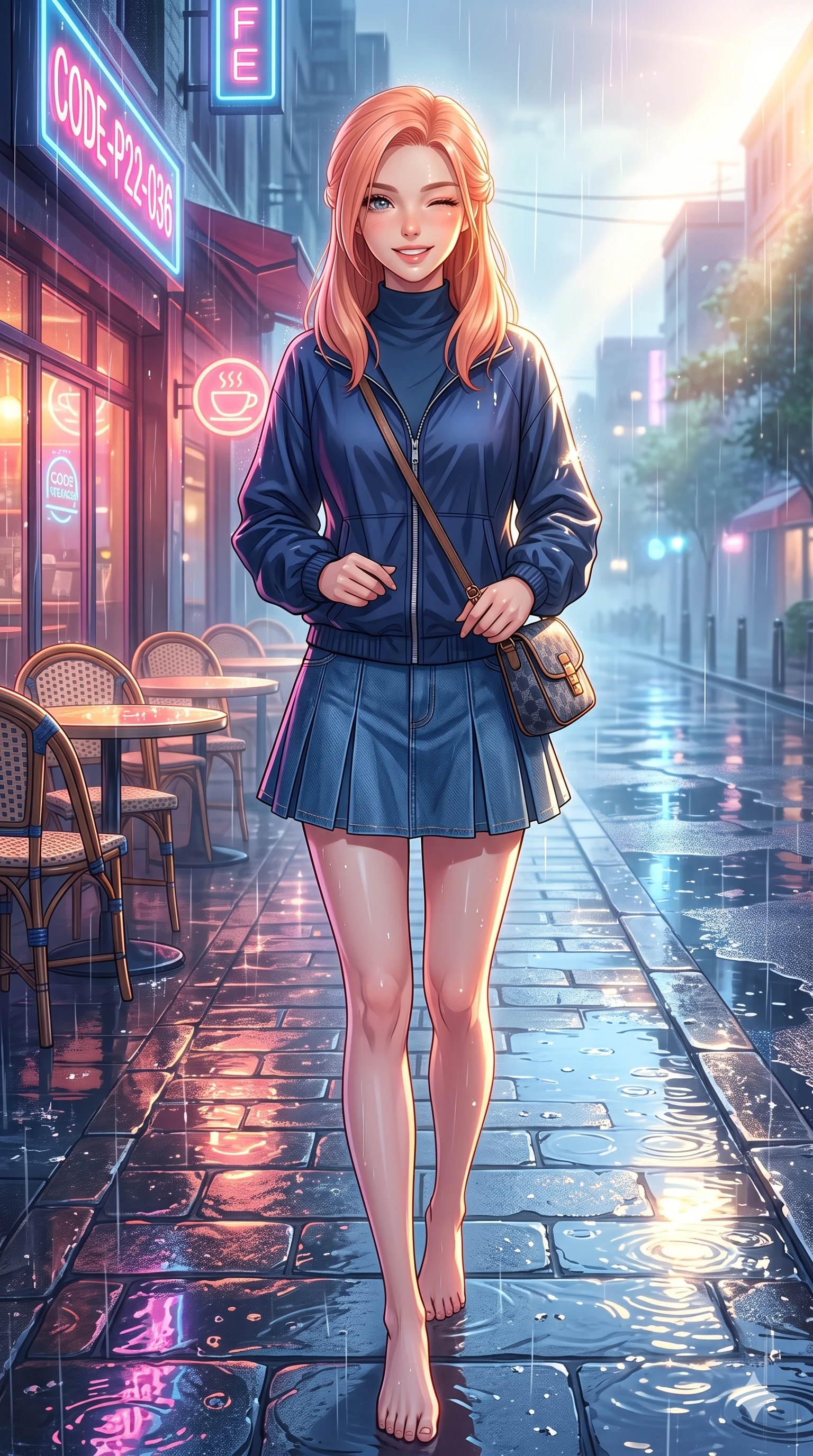 score_9, masterpiece, best quality, ultra-detailed, high-budget anime keyframe, vibrant anime aesthetic, Japanese woman. low angle full-body shot from head to toe showing her feet, filling the entire 9:16 vertical frame with her statuesque presence, stretching her vertical silhouette. She is walking down a rain-slicked path, winking and smiling cheerfully, gazing at the camera with sparkling eyes surrounded by fresh morning mist. by a glowing neon-lit cafe terrace overlooking a reflective puddle-filled street during a twilight shower (Code-P22-036). She has an absolutely perfect 8-heads proportion, an exceptionally tall and slender female figure with impossibly long slender legs and an ultra-slim waist. V-shaped jawline, high-bridge nose, intricate jewel-like eyes with depth, thick eyelashes, glossy lips with a natural sheen. wearing a modern windbreaker in navy over a high-neck shirt and a pleated denim skirt with a designer bag. She is drenched in brilliant morning sunshine reflecting off wet glass domes, highlighting her winking face and glossy lips during a refreshing sun shower. 2k, ultra detail, master piece, 9:16 ratio
