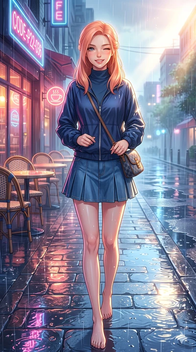 score_9, masterpiece, best quality, ultra-detailed, high-budget anime keyframe, vibrant anime aesthetic, Japanese woman. low angle full-body shot from head to toe showing her feet, filling the entire 9:16 vertical frame with her statuesque presence, 