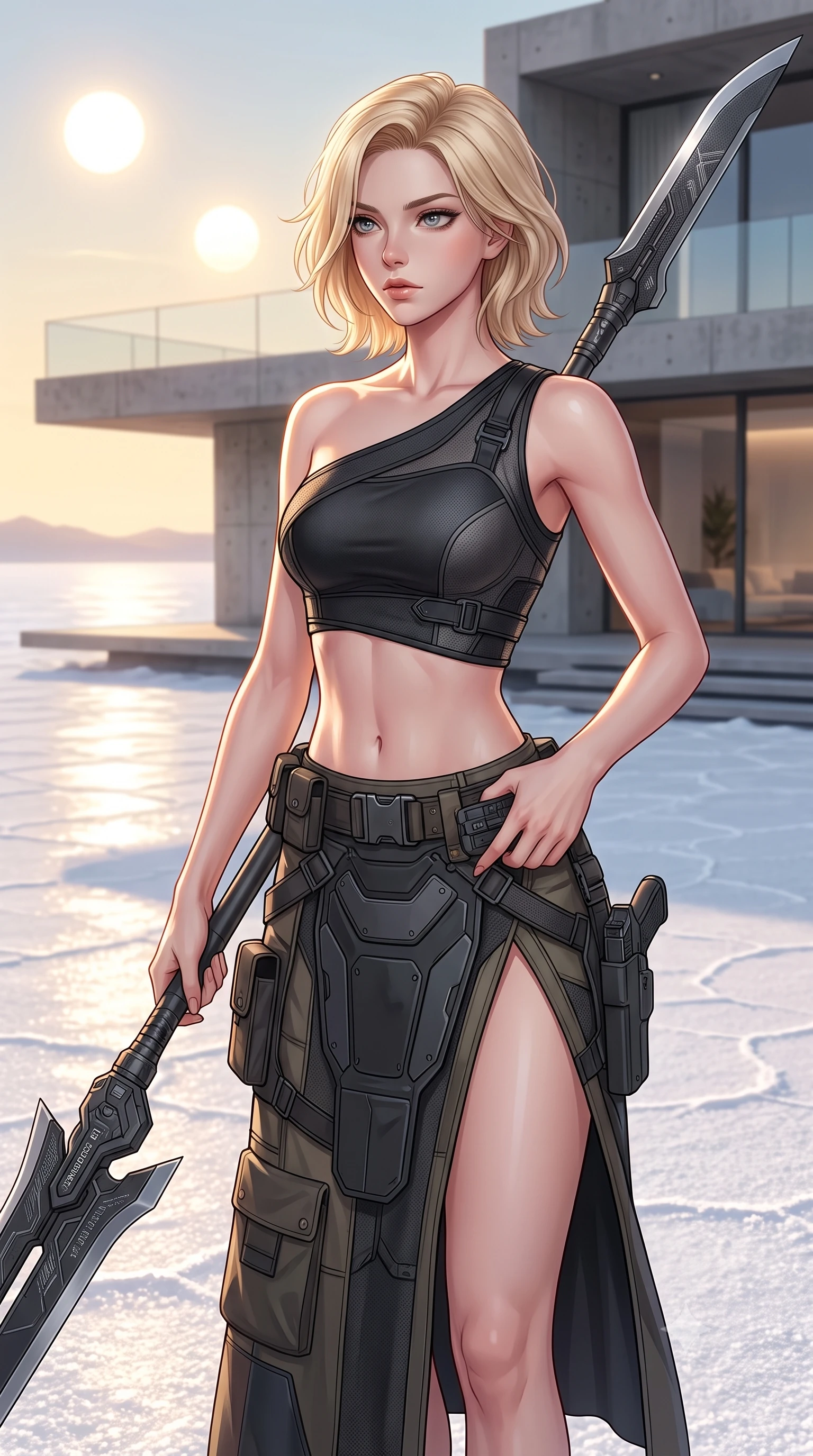 score_9, masterpiece, best quality, ultra-detailed, high-budget anime keyframe, editorial fashion photography, tasteful artistic composition, Caucasian woman. close-up cowboy shot from the waist and thighs up, the character dominates the composition, filling the frame with her large presence, background elements kept in soft focus. holding a deactivated nanotech glaive, looking past the camera with quiet, sharp focus and a composed expression, the background shows a soft-focus a white salt flat patio of a modern concrete villa under a binary sun. She has an exceptionally elegant, slender, and willowy female figure with an ultra-slim waist, a gracefully sculpted slender torso, and a refined silhouette. sharp v-shaped jawline, high-bridge nose, intricate jewel-like eyes with depth, thick eyelashes, glossy lips with a natural sheen. wearing a form-contouring asymmetric one-shoulder crop top in carbon knit, paired with a high-slit combat skirt. shimmering white salt flats reflecting distant binary suns, casting gold light. highly saturated vibrant anime colors, detailed shading with soft gradients, rich glossy textures, high-contrast stereoscopic depth, volumetric dynamic lighting, master piece, 9:16 ratio