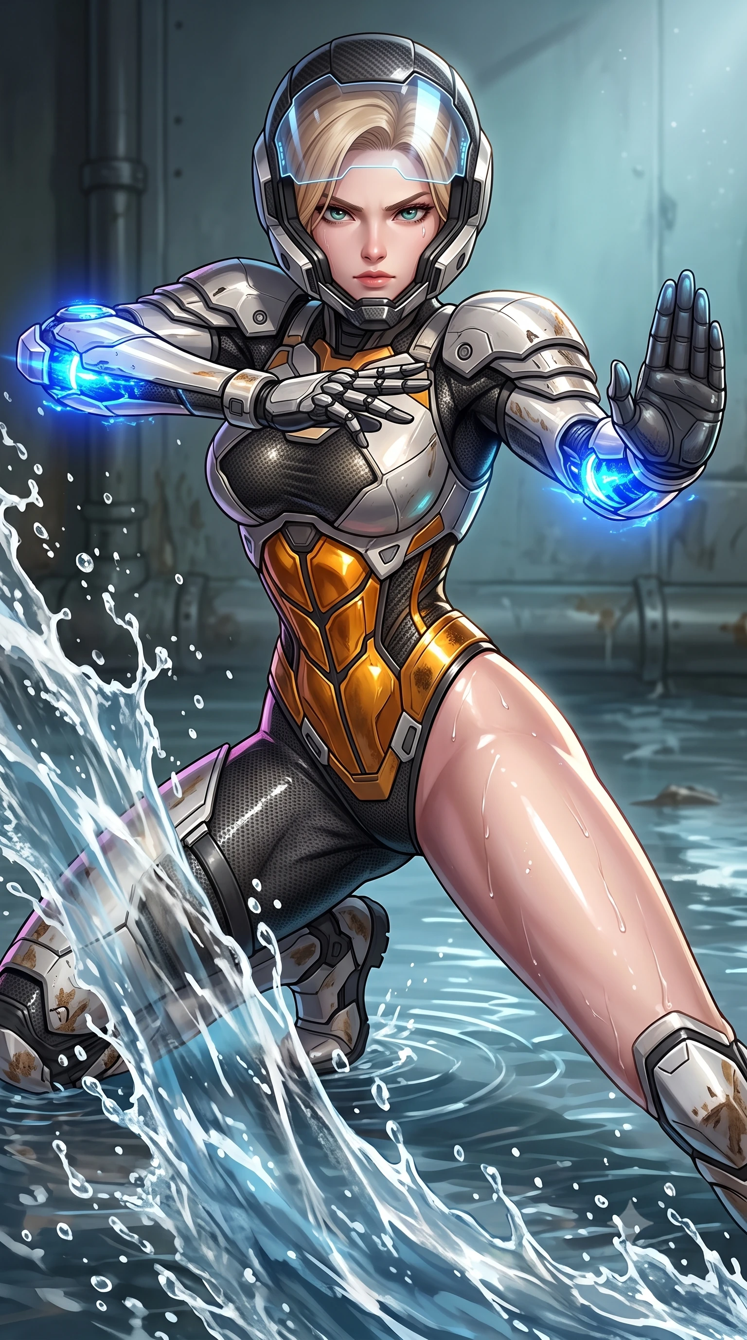 score_9, masterpiece, best quality, ultra-detailed, high-budget anime keyframe, semi-realistic 3D game render, editorial fashion photography, tasteful artistic composition, Caucasian woman. close-up cowboy shot from the waist and thighs up, the character dominates the composition, filling the frame with her large presence. twisting her upper body in a dynamic S-curve martial arts stance, cybernetic elbow dampers glowing with blue energy as she aims a focused palm strike while sliding across the wet floor into a low sweep stance, sending a high-pressure wave of water cascading toward the camera. The surrounding environment is rendered in vivid detail and crisp panoramic clarity. detailed drainage pipe rivets, water ripple caustics, and mud-scuffed armor accents in high resolution. She has an exceptionally elegant, slender, and willowy female figure with an ultra-slim waist, a gracefully sculpted slender torso, toned flat midriff, and a refined slim silhouette. sharp v-shaped jawline, high-bridge nose, intricate jewel-like eyes with depth, thick eyelashes, glossy lips with a natural sheen, fierce and resolute heroine expression, flawlessly proportioned anatomical accuracy, strict slender model proportions, natural body alignment, perfectly sculpted long slender limbs, ultra-slim waistline, clean dynamic posture without body distortion. wearing an open-face aerodynamic carbon-fiber combat helmet with a retracted transparent holographic HUD visor framing her sharp jawline and jewel-like eyes, paired with a statuesque high-fashion cyber-warrior armor suit with platinum bevels, heavy articulated shoulder guards, and an ultra-slim waist-cinching corset in molten amber-gold carbon cuirass with dark gunmetal weave, tailored from flexible second-skin ballistic carbon-mesh adhering flawlessly to her athletic build, detailed with kinetic shock-dampening knuckle guards and polished chrome connection joints, the glove-like aerodynamic second-skin fit tightly clinging to her ultra-slender waist and athletic curves without adding bulk, accentuating her razor-sharp statuesque lines and slim hourglass silhouette. illuminated by wet reflective highlights tracing her sculpted collarbones, waistline, and long slender legs. rich saturated anime colors with glowing neon highlights, detailed shading with soft gradients, rich glossy textures, high-contrast stereoscopic depth, volumetric dynamic lighting, master piece, 9:16 ratio
