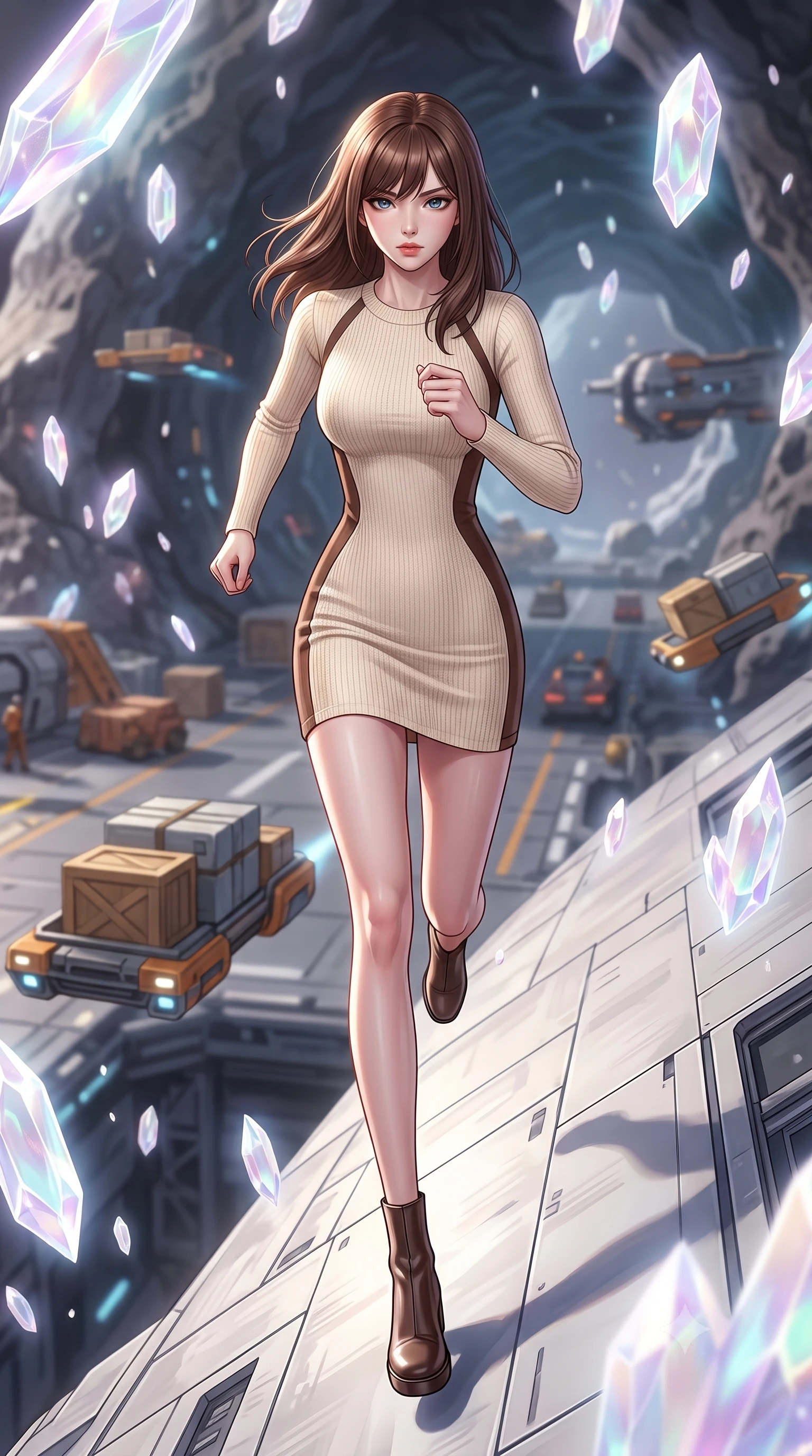 score_9, masterpiece, best quality, ultra-detailed, high-budget anime keyframe, editorial fashion photography, tasteful artistic composition, Korean woman. low angle full-body shot from head to toe showing her feet, filling the entire 9:16 vertical frame with her statuesque presence, stretching her vertical silhouette. running along the outer hull of a giant starship in zero gravity, magnetic boots clinging to the landing platform of a pirate base built inside a hollow asteroid, cargo hover-sleds moving crates in soft focus. She has a statuesque 8.5-heads proportion, an exceptionally tall, slender and willowy model-like build with impossibly long legs and a highly sculpted ultra-slim waist. sharp v-shaped jawline, high-bridge nose, intricate jewel-like eyes with depth, thick eyelashes, glossy lips with a natural sheen. wearing tailored for maximum mobility, sleek form-contouring panels that allow fluid movement, a body-hugging knitted body-mapping dress in cream with chocolate brown side panels that create an optical waist-narrowing effect. highly saturated vibrant anime colors, intense vivid color palette, soft 3D volumetric shading, volumetric dynamic lighting, ethereal pearlescent light emanating from floating crystalline formations all around. 2k, ultra detail, master piece, 9:16 ratio