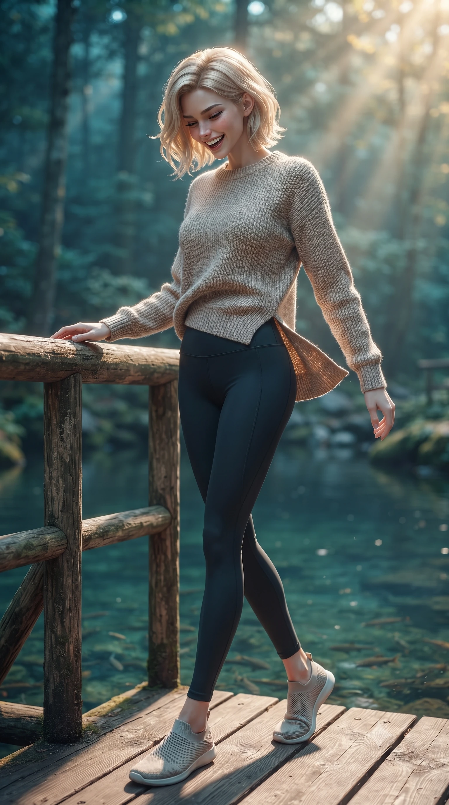 score_9, masterpiece, best quality, ultra-detailed, high-budget anime keyframe, editorial fashion photography, tasteful artistic composition, Caucasian woman. low angle full-body shot from head to toe showing her feet, filling the entire 9:16 vertical frame with her statuesque presence, stretching her vertical silhouette. twirling around with a playful, sensual laugh, her dress fluttering elegantly to accent her waistline set against a soft-focus background of next to a quiet forest pond fed by a cold mountain stream resting her hand on the wooden bridge railing, looking down at the fish. She has an absolutely perfect, statuesque 8.5-heads proportion, an exceptionally tall and slender model-like female figure with impossibly long slender legs and an ultra-slim waist. sharp v-shaped jawline, high-bridge nose, intricate jewel-like eyes with depth, thick eyelashes, glossy lips with a natural sheen. wearing tailored cozy knit sweater in oatmeal, paired with activewear pants. cool forest shadows contrasting with warm shafts of sunbeams. ultra-reflective glossy finish, specular highlights, metallic sheen, high-contrast stereoscopic depth, volumetric dynamic lighting, 2k, ultra detail, master piece, 9:16 ratio