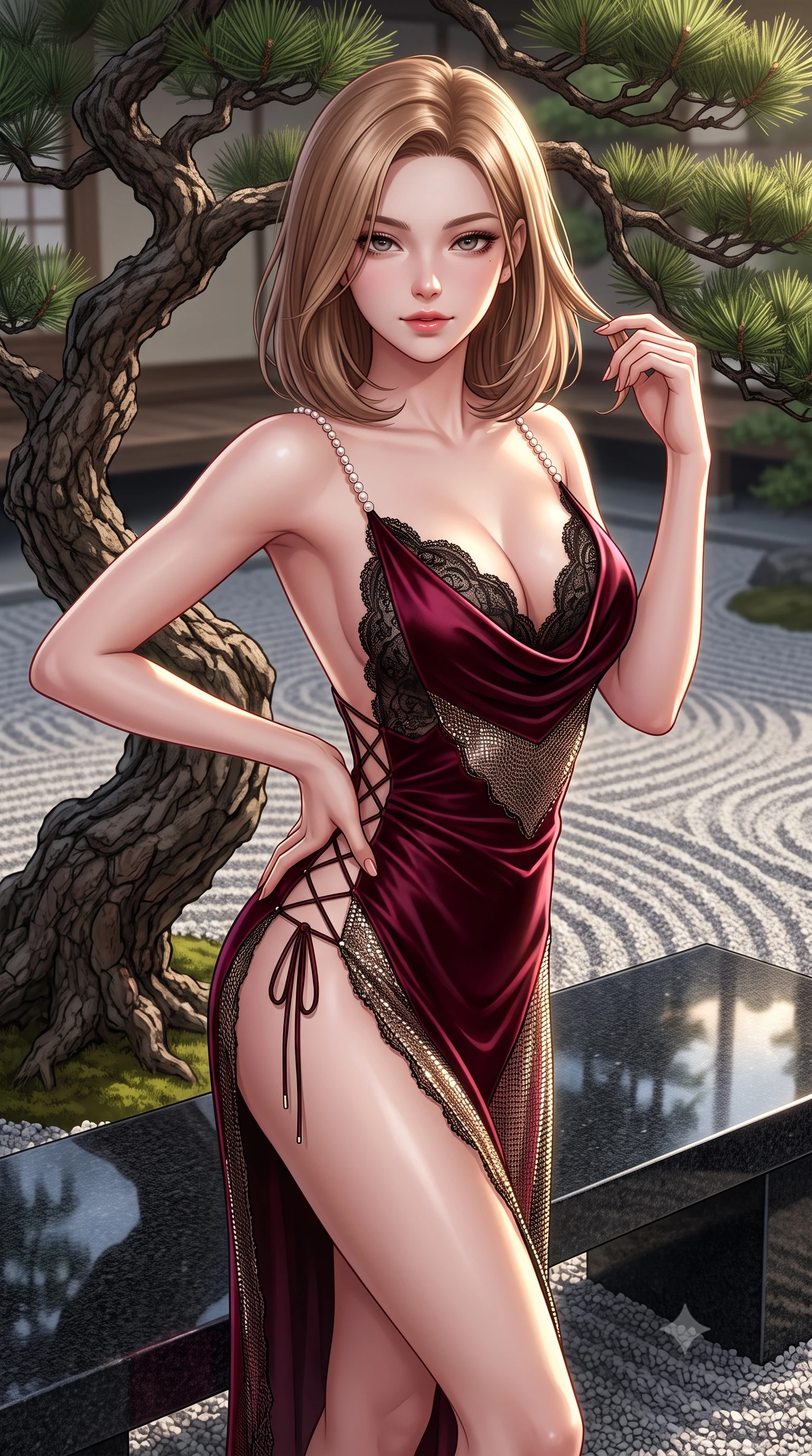 score_9, masterpiece, best quality, ultra-detailed, high-budget anime keyframe, semi-realistic 3D game render, editorial fashion photography, tasteful artistic composition, Korean woman. close-up cowboy shot from the waist and thighs up, the character dominates the composition, filling the frame with her large presence. twisting her slender torso in an alluring contrapposto stance, one hand resting on her sculpted hip while her fingers toy with her hair with effortless poise while standing poised beside a twisted hundred-year-old bonsai pine with hips cocked back, looking into the camera with an enchanting smoldering gaze. The surrounding environment is rendered in vivid detail and crisp panoramic clarity: sharp raked gravel furrows, gnarled pine bark textures, and polished black granite bench surfaces in deep focus. She has an exceptionally elegant, slender, and willowy female figure with an ultra-slim waist, flat toned midriff, narrow ribcage, and sculpted feminine hips creating an alluring, slim hourglass silhouette without bulk. sharp v-shaped jawline, high-bridge nose, sparkling eyes with hypnotic seductive depth, thick curled eyelashes, glossy parted lips with a natural dewy peach sheen, alluring bedroom-eyes with an enchanting coquettish smile, exuding magnetic siren charisma and sophisticated glamour, flawlessly proportioned anatomical accuracy, strict slender model proportions, natural body alignment, perfectly sculpted long slender limbs, ultra-slim waistline, clean dynamic posture without body distortion. wearing a plunging cowl-neck liquid silk satin slip gown with daring hip-high slit and delicate pearl spaghetti straps in deep bordeaux velvet and delicate black chantilly, crafted from shimmering fluid chainmail mesh reflecting ambient lights, featuring fine criss-cross lace-up side ties revealing tantalizing glimpses of her hip curve, the precision-cut side openings and low-back scoop framing her graceful spine and the sensual sweep of her slim, toned hips. illuminated by granite bench reflection fill and sharp platinum-gold rim lights defining her razor-sharp jawline, narrow waist, and curvy hips. highly saturated vibrant anime colors, detailed shading with soft gradients, rich glossy textures, high-contrast stereoscopic depth, volumetric dynamic lighting, master piece, 9:16 ratio