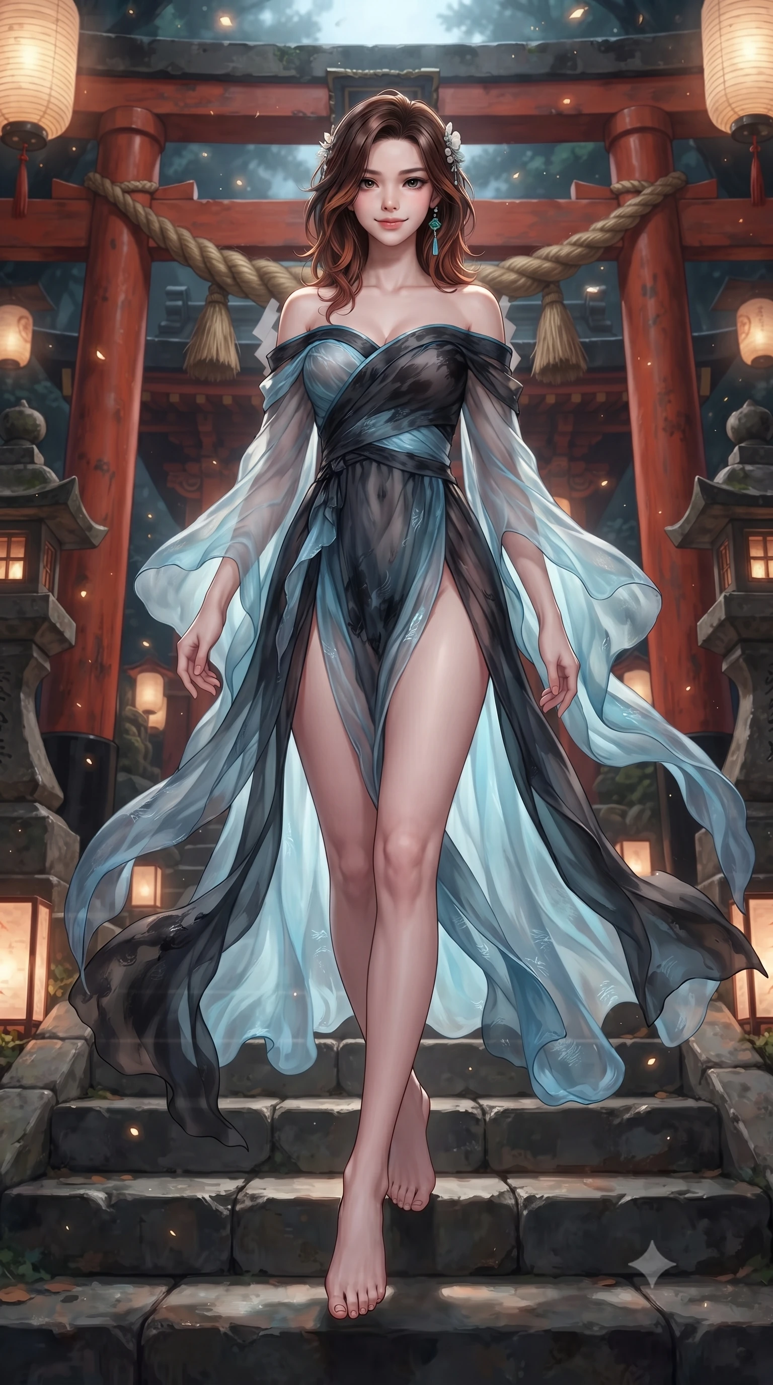 score_9, masterpiece, best quality, ultra-detailed, high-budget anime keyframe, editorial fashion photography, tasteful artistic composition, Korean woman. low angle full-body shot from head to toe showing her feet, filling the entire 9:16 vertical frame with her statuesque presence, stretching her vertical silhouette. stepping forward gracefully in mid-motion, displaying her toned flat midriff and flawlessly sculpted slender limbs while resting on ancient stone shrine steps surrounded by glowing paper lanterns with a serene, enchanting smile. The surrounding environment is rendered in vivid detail and crisp panoramic clarity. intricate vermilion torii wood grain, braided straw shimenawa textures, and stone lantern carvings in deep focus. She has an absolutely perfect, statuesque 8.5-heads proportion, an exceptionally tall and slender model-like female figure with impossibly long slender legs, a toned flat midriff, and an ultra-slim waist. sharp v-shaped jawline, high-bridge nose, intricate jewel-like eyes with depth, thick eyelashes, glossy lips with a natural sheen, captivating and magnetic expression, flawlessly proportioned anatomical accuracy, strict slender model proportions, natural body alignment, perfectly sculpted long slender limbs, ultra-slim waistline, clean dynamic posture without body distortion. wearing an off-shoulder celestial kimono gown with fluttering silk drapes and a high side slit in dark ink-wash black and radiant moonlight cyan, crafted from sheer cascading chiffon that ripples like water, accented with mother-of-pearl hair ornaments and a carved jade pendant, the form-contouring material adhering flawlessly to her sculpted flat midriff and slender torso, emphasizing her long leg lines and perfectly proportioned willowy build. surrounded by a divine, mystical, and spiritually transcendent shrine maiden sovereign aura. ultra-reflective glossy finish, specular highlights, rich textural contrasts, high-contrast stereoscopic depth, volumetric dynamic lighting, 2k, ultra detail, master piece, 9:16 ratio