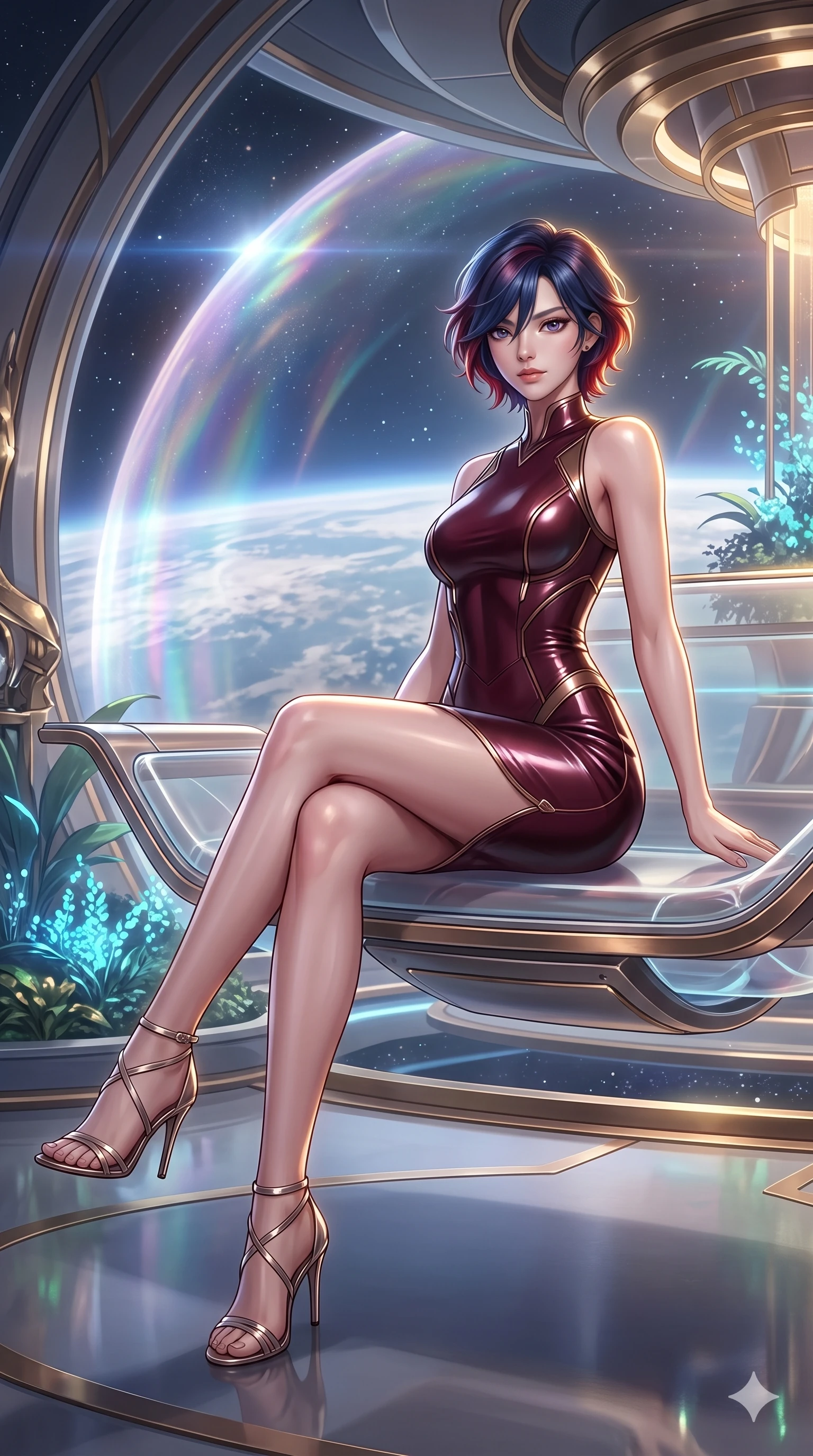 score_9, masterpiece, best quality, ultra-detailed, high-budget anime keyframe, semi-realistic 3D game render, editorial fashion photography, tasteful artistic composition, Korean woman. low angle full-body shot from head to toe showing her feet, filling the entire 9:16 vertical frame with her statuesque presence, stretching her vertical silhouette. sitting poised on the stone steps with one knee bent, arching her spine with supermodel elegance as she glances upward through thick eyelashes while sitting gracefully on the floating antigravity lounge with legs crossed, flashing a playful, coquettish smile with parted glossy lips. The background shows a soft-focus plasma shield refraction shimmer softened in orbital ring sanctuary shallow focus. She has an exceptionally tall and slender model-like 8.5-heads proportion, an ultra-slim waist, a flat toned midriff, narrow delicate ribcage, and beautifully sculpted feminine hips creating a graceful, slim hourglass silhouette without any bulky heaviness, with impossibly long slender legs. sharp v-shaped jawline, high-bridge nose, intricate jewel-like sparkling eyes with depth, thick eyelashes, glossy parted lips with a natural peach sheen, bright cheerful beaming smile with an enchanting and coquettish sensual glint, exuding both youthful cute charm and seductive allure, flawlessly proportioned anatomical accuracy, strict slender model proportions, natural body alignment, perfectly sculpted long slender limbs, ultra-slim waistline, clean dynamic posture without body distortion. wearing a tailored liquid velvet bodycon dress with metallic fiber pinstripes following her statuesque 8.5-heads silhouette in deep burgundy and bronze accents, tailored from high-gloss patent leather with mirror-like specular highlights, complemented by strappy stiletto sandals with metallic ankle wraps accentuating her slender calves, the liquid-tight tailored fabric clinging flawlessly to her narrow waist and rounded feminine hips, emphasizing every millimeter of her sculpted slim hourglass curves without any bulky heaviness. illuminated by ring deck reflection bounce and intense corona-gold rim lights defining her jawline, narrow waist, and curvy hips. highly saturated vibrant anime colors, detailed shading with soft gradients, rich glossy textures, high-contrast stereoscopic depth, volumetric dynamic lighting, master piece, 9:16 ratio