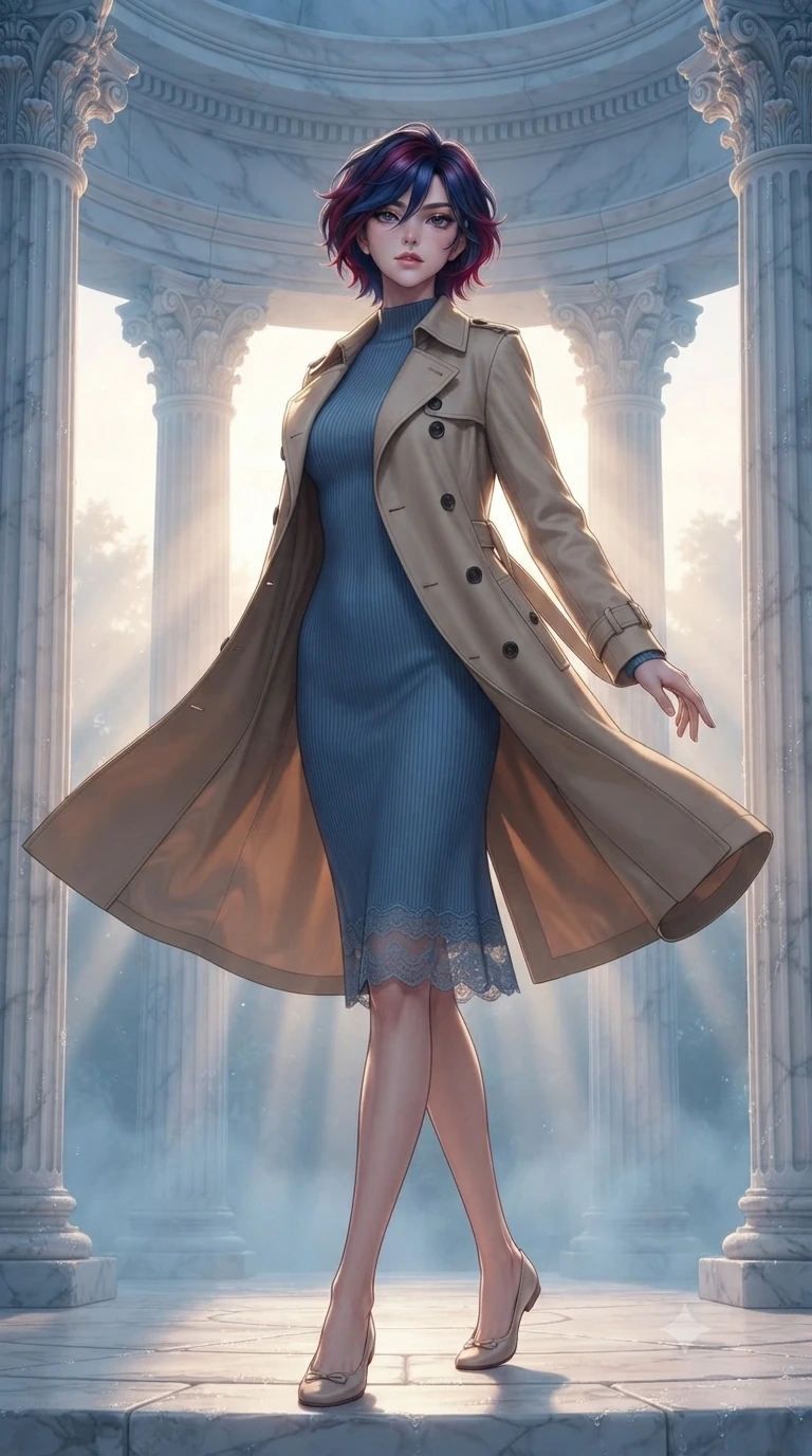 score_9, masterpiece, best quality, ultra-detailed, high-budget anime keyframe, editorial fashion photography, tasteful artistic composition, Korean woman. low angle full-body shot from head to toe showing her feet, filling the entire 9:16 vertical frame with her statuesque presence, stretching her vertical silhouette. twirling with balletic elegance inside an ancient white marble amphitheater at the first golden light of dawn with morning mist swirling between fluted Corinthian columns and dew glistening on every carved stone surface. She has a statuesque 8.5-heads proportion, an exceptionally tall, slender and willowy model-like build with impossibly long legs and a highly sculpted ultra-slim waist. sharp v-shaped jawline, high-bridge nose, intricate jewel-like eyes with depth, thick eyelashes, glossy lips with a natural sheen. wearing a classic double-breasted beige trench coat layered over a French blue mock-neck ribbed midi dress. soft warm golden dawn light streaming horizontally through the columns with cool blue morning mist creating ethereal god-ray shafts through the haze. 2k, ultra detail, master piece, 9:16 ratio