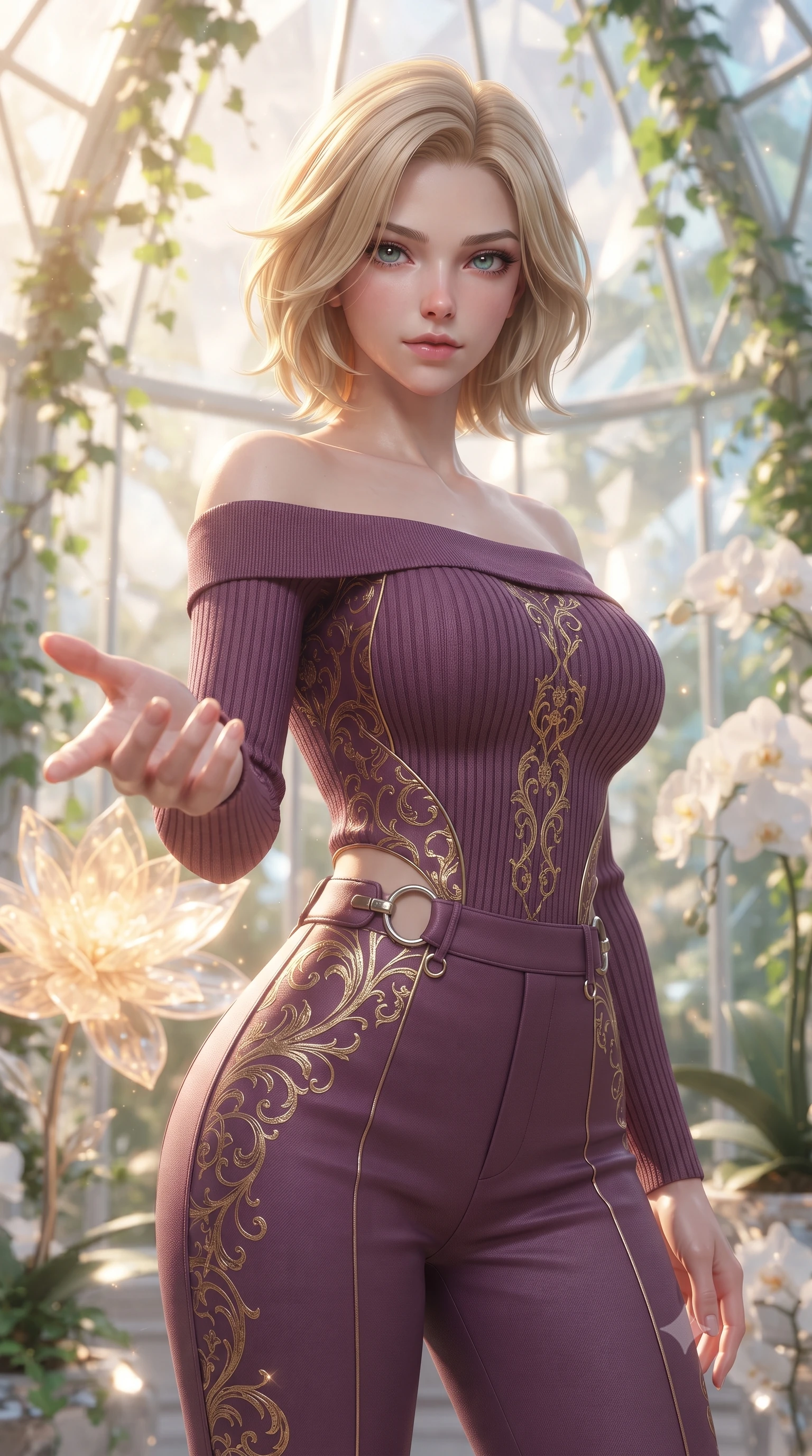 score_9, masterpiece, best quality, ultra-detailed, high-budget anime keyframe, editorial fashion photography, tasteful artistic composition, Caucasian woman. close-up cowboy shot from the waist and thighs up, the character dominates the composition, filling the frame with her large presence, background elements kept in soft focus. Reaching one hand gracefully toward the viewer with effortless superiority and allure resting near a giant solar-powered crystal flower emitting soft warm light, lush green vines and white orchids framing the bright architectural backdrop. She has an exceptionally elegant, slender, and willowy female figure with an ultra-slim waist, a gracefully sculpted slender torso, and a refined silhouette. sharp v-shaped jawline, high-bridge nose, intricate jewel-like eyes with depth, thick eyelashes, glossy lips with a natural sheen. wearing a sleek off-shoulder ribbed knit top paired with high-waist tailored pants in plum purple and gold filigree, made of fine carbon-fiber weave and soft matte leather, accented with delicate chrome ring hardware framing her waist, the tailored fabric tightly following every curve of her athletic build. lit by warm golden-hour rays cascading through crystalline glass panes. ultra-reflective glossy finish, specular highlights, metallic sheen, high-contrast stereoscopic depth, volumetric dynamic lighting, 2k, ultra detail, master piece, 9:16 ratio