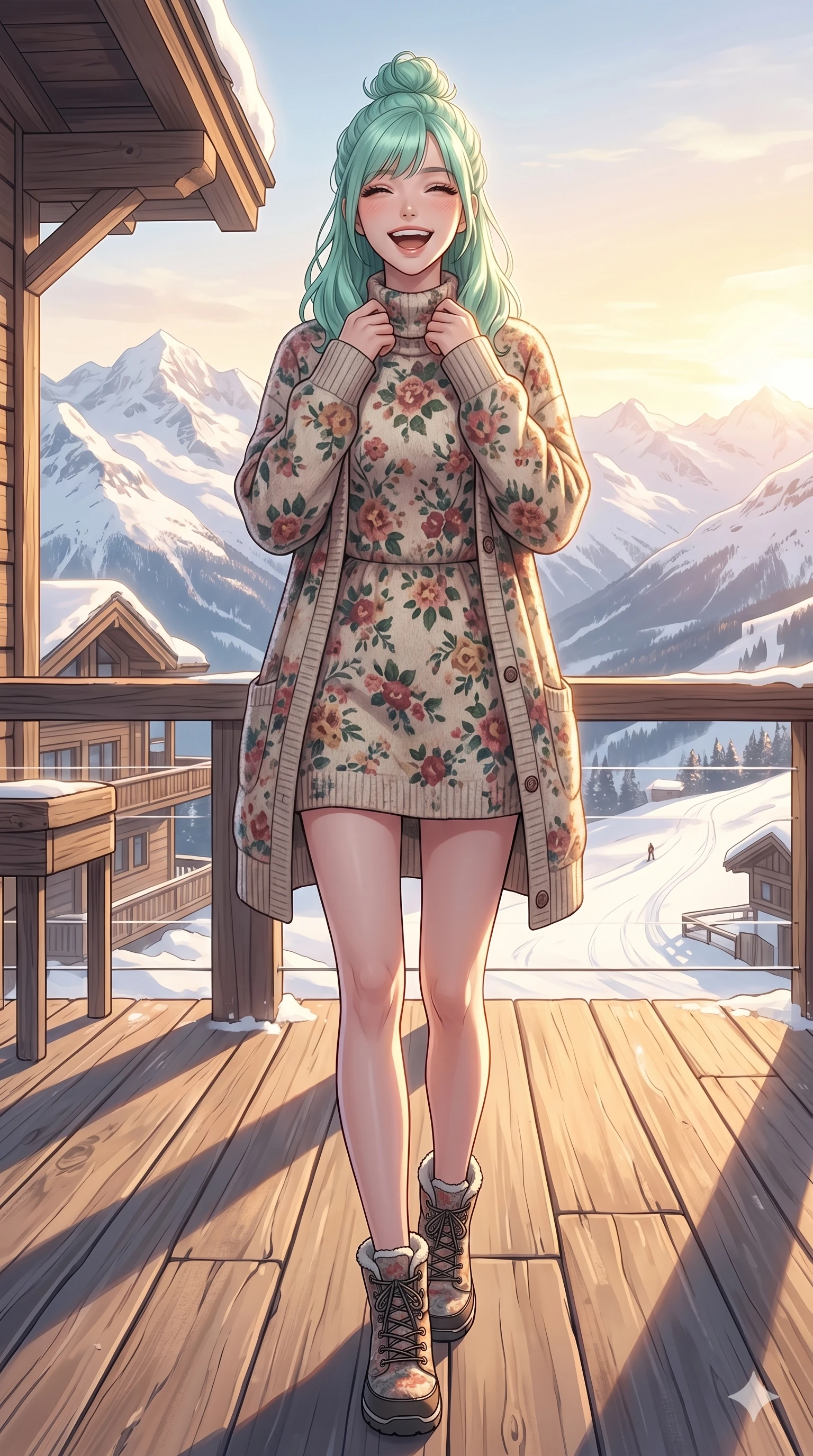 score_9, masterpiece, best quality, ultra-detailed, high-budget anime keyframe, vibrant anime aesthetic, Japanese woman. low angle full-body shot from head to toe showing her feet, filling the entire 9:16 vertical frame with her statuesque presence, stretching her vertical silhouette. She is laughing cheerfully while adjusting her collar, her eyes glowing with happiness on a wooden deck of a luxury ski chalet overlooking a sun-drenched snow-capped mountain (Code-P21-003). She has an absolutely perfect 8-heads proportion, an exceptionally tall and slender female figure with impossibly long slender legs and an ultra-slim waist. V-shaped jawline, high-bridge nose, intricate jewel-like eyes with depth, thick eyelashes, glossy lips with a natural sheen. wearing a floral print wool dress with a matching long cardigan and boots. She is bathed in soft, radiant golden hour sun casting long, elegant shadows around her. 2k, ultra detail, master piece, 9:16 ratio