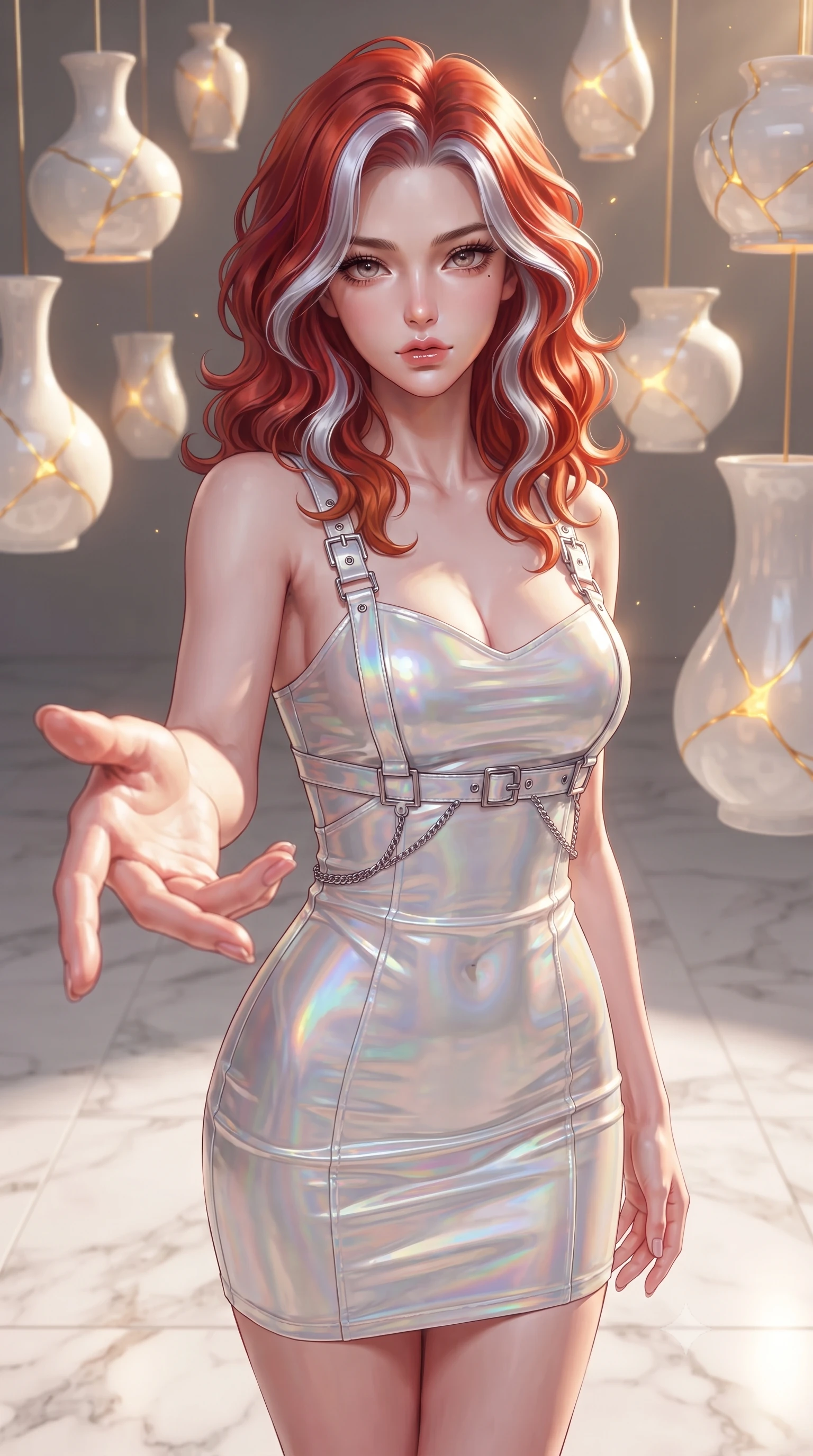 score_9, masterpiece, best quality, ultra-detailed, high-budget anime keyframe, editorial fashion photography, tasteful artistic composition, Caucasian woman. close-up cowboy shot from the waist and thighs up, the character dominates the composition, filling the frame with her large presence, background elements kept in soft focus. Reaching one hand toward the viewer with relaxed elegance, poised on a white marble floor surrounded by suspended Bisque porcelain artwork, glowing gold kintsugi veins radiating warm inner light from porcelain cracks. She has an exceptionally elegant, slender, and willowy female figure with an ultra-slim waist, a gracefully sculpted slender torso, and a refined silhouette. sharp v-shaped jawline, high-bridge nose, intricate jewel-like eyes with depth, thick eyelashes, glossy lips with a natural sheen. wearing precision-fitted bodycon dress in high-gloss liquid pearl vinyl in pearl white, made of iridescent hologram organza, framed by polished silver buckles and delicate chain details, accentuating her gracefully sculpted slender torso. lit by sharp golden key rays highlighting porcelain glaze textures. highly saturated vibrant anime colors, detailed shading with soft gradients, rich glossy textures, high-contrast stereoscopic depth, volumetric dynamic lighting, master piece, 9:16 ratio