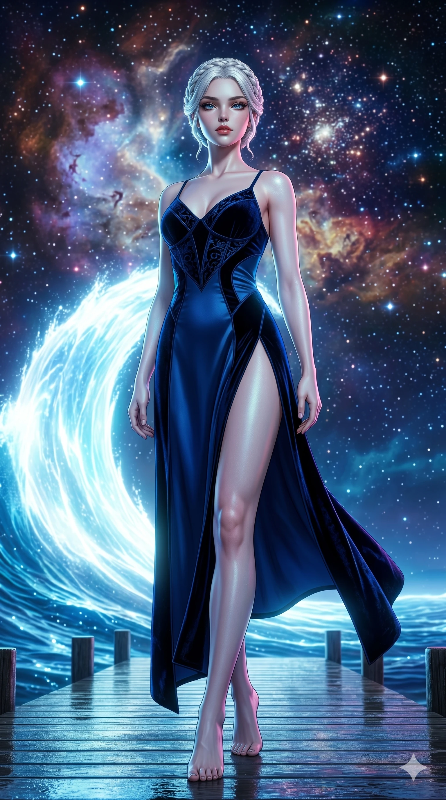 score_9, masterpiece, best quality, ultra-detailed, Set A: Photorealistic 8k CG, Japanese woman. Low angle cowboy shot filling the entire 9:16 frame with her statuesque presence. Standing on a pier as a giant wave of light crashes behind her. She has an absolutely perfect 8-heads proportion, an exceptionally tall and slender female figure with elegant long slender legs and an slender waist. Sharp v-shaped jawline, high-bridge nose, intricate jewel-like eyes with depth, thick eyelashes, glossy lips. Wearing a High-Fashion Editorial outfit: slip dress with a elegant high side slit and velvet detail. Background is a bright and colorful starry sea with a glowing blue wave and nebula sky. 2k, ultra detail, master piece, 9:16 ratio