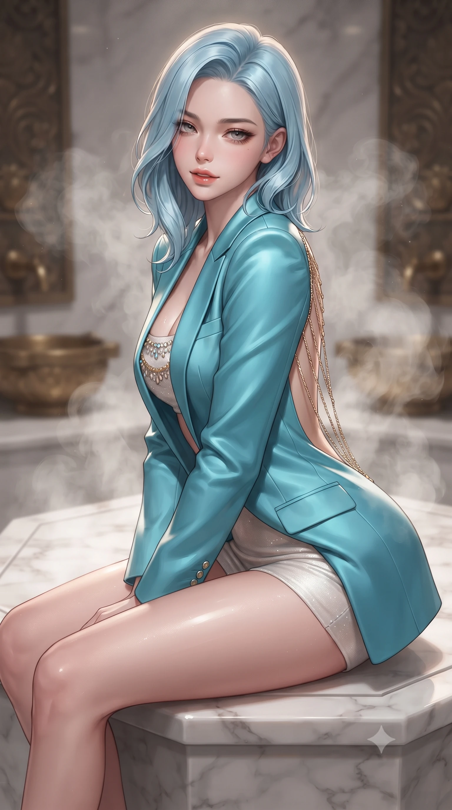 score_9, masterpiece, best quality, ultra-detailed, high-budget anime keyframe, editorial fashion photography, tasteful artistic composition, Korean woman. close-up cowboy shot from the waist and thighs up, the character dominates the composition, filling the frame with her large presence. leaning forward while arching her lower back to accentuate her curvy hips, looking into the camera with an intoxicating smoldering gaze and bedroom-eyes while sitting poised on the heated central hexagonal marble massage slab, arching her spine with wet-look siren grace amid billowing aromatic eucalyptus steam. The background shows a soft-focus carved brass water basins softened in exclusive royal hammam shallow focus. She has an exceptionally elegant, slender, and willowy female figure with an ultra-slim waist, flat toned midriff, narrow ribcage, and sculpted feminine hips creating an alluring, slim hourglass silhouette without bulk. sharp v-shaped jawline, high-bridge nose, sparkling eyes with hypnotic seductive depth, thick curled eyelashes, glossy parted lips with a natural dewy peach sheen, alluring bedroom-eyes with an enchanting coquettish smile, exuding magnetic siren charisma and sophisticated glamour, flawlessly proportioned anatomical accuracy, strict slender model proportions, natural body alignment, perfectly sculpted long slender limbs, ultra-slim waistline, clean dynamic posture without body distortion. wearing a tailored open-front satin smoking jacket worn over a jewel-embellished bandeau and micro-shorts in Maldives ocean cyan and shimmering pearl white, tailored from fine structural neoprene with crisp architectural edges and smooth contouring, accented with an open-back drape framed by falling strands of delicate gold chains, the high-slit wrap tailoring accentuating her ultra-slim waistline and the enchanting curve of her feminine hips with alluring seductive charm. illuminated by wet marble reflection bounce and sharp champagne-gold rim lights defining her delicate clavicles, ultra-slim waist, and curvy hips. ultra-reflective glossy finish, specular highlights, rich textural contrasts, high-contrast stereoscopic depth, volumetric dynamic lighting, 2k, ultra detail, master piece, 9:16 ratio