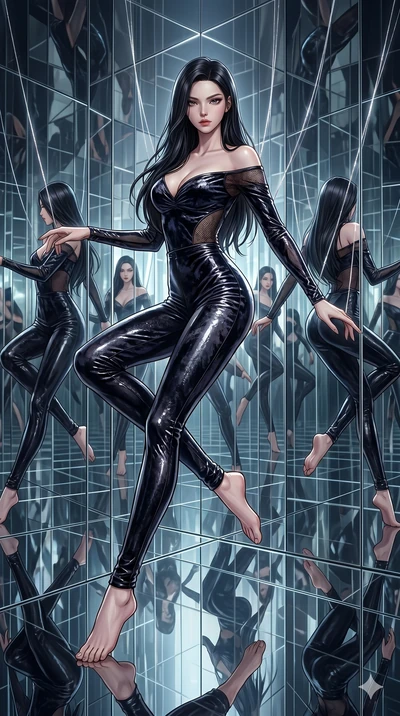 score_9, masterpiece, best quality, ultra-detailed, High-budget Anime Keyframe, East Asian woman. Dynamic full-body shot stretching the vertical silhouette to the limit. Scenario 116: Suspended by invisible silk threads in a hall of mirrors. Her pres